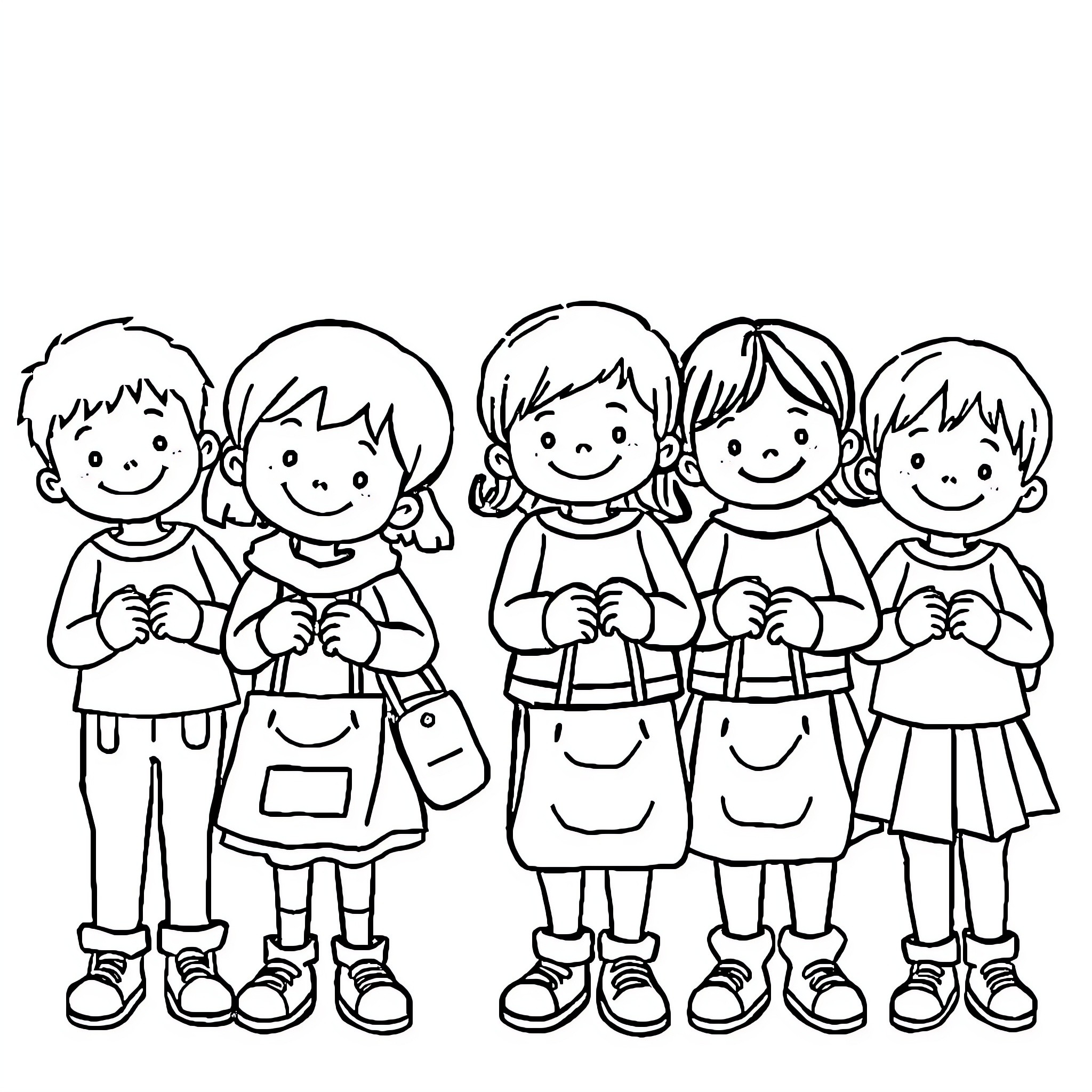 Élève students posing together in school uniforms Coloring Page (free black-and-white line drawing printable PDF for all, from beginners to advanced learners, including children, teens, adults, and seniors)