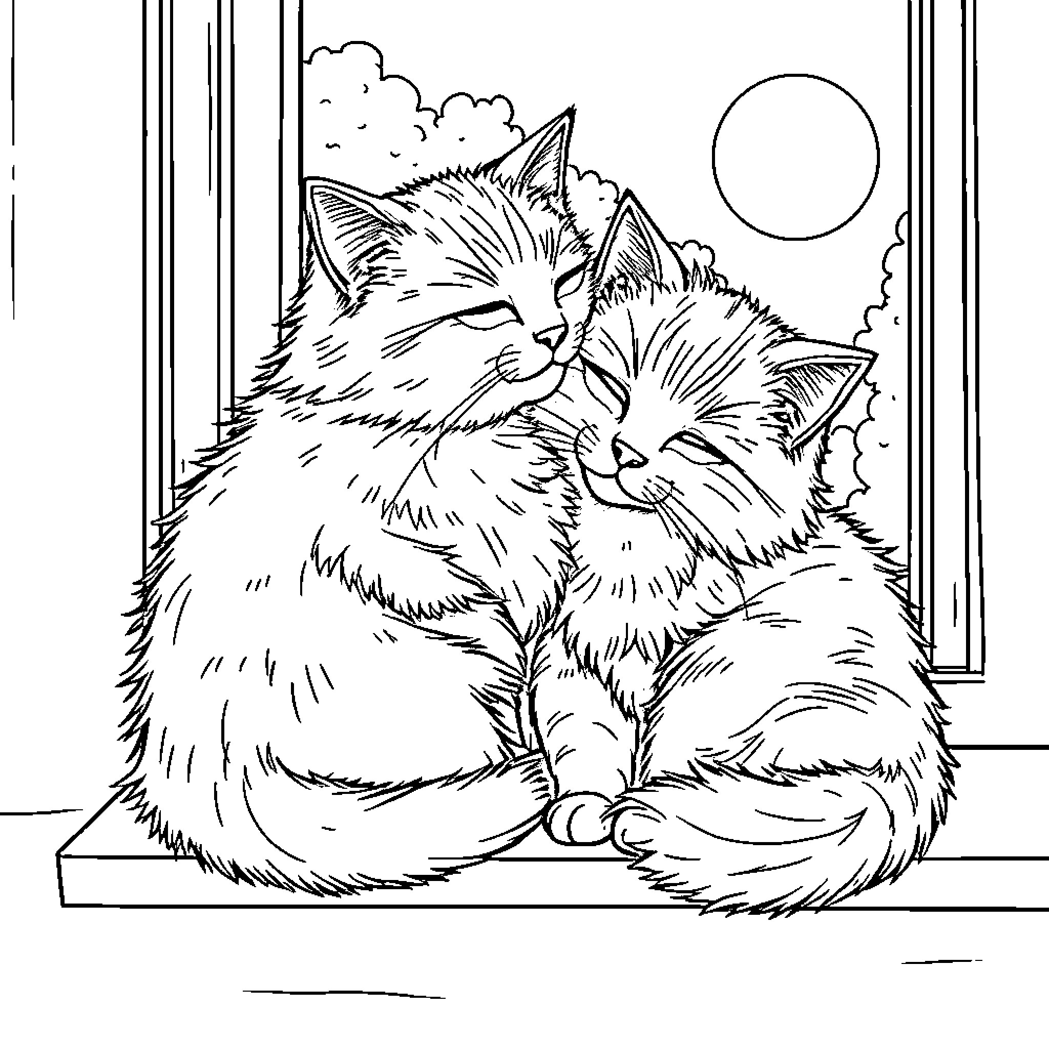 Cats cuddling by the window Coloring Page (free black-and-white line drawing printable PDF for all, from beginners to advanced learners, including children, teens, adults, and seniors)