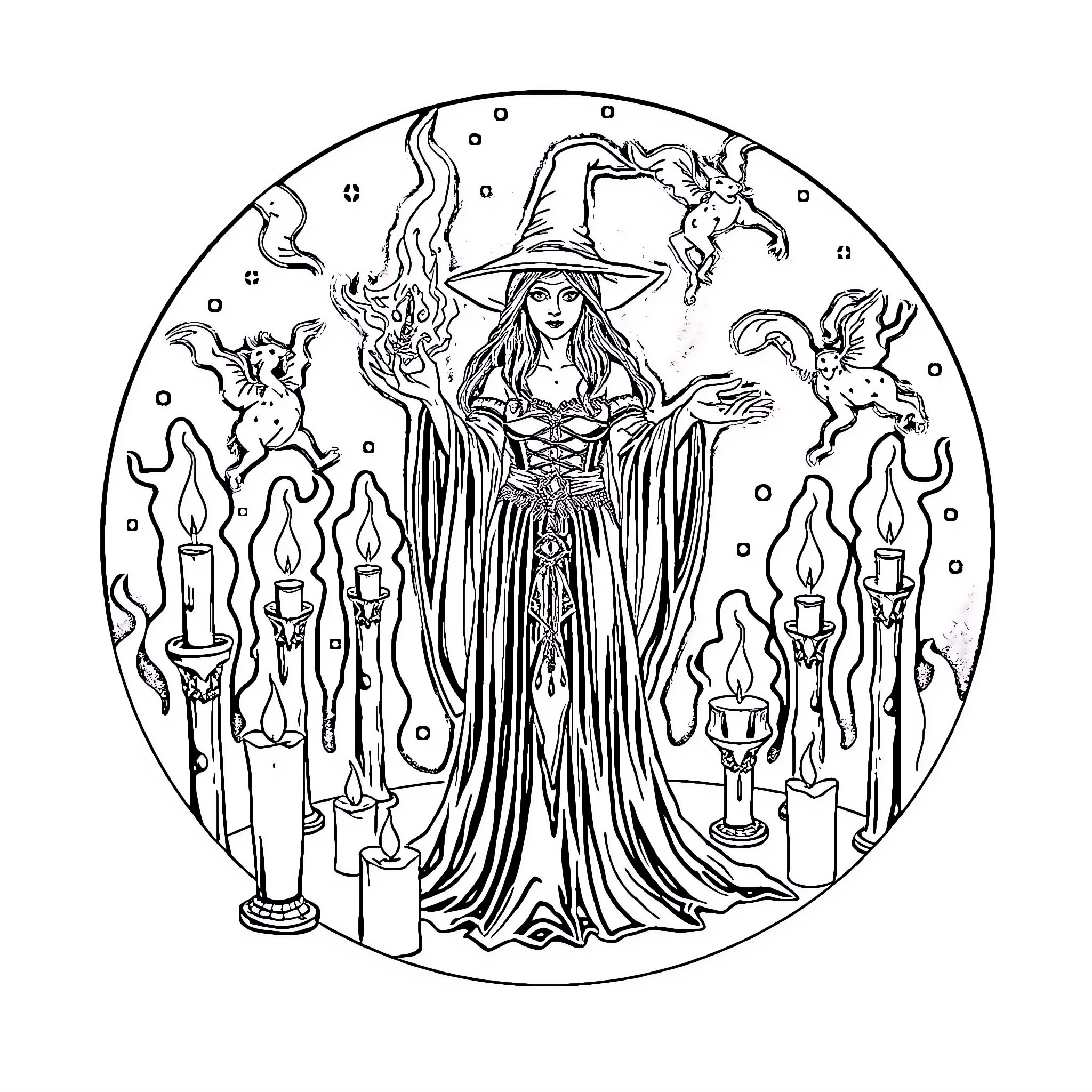 Sorceress conjuring spells in mystical ritual Coloring Page (free black-and-white line drawing printable PDF for all, from beginners to advanced learners, including children, teens, adults, and seniors)