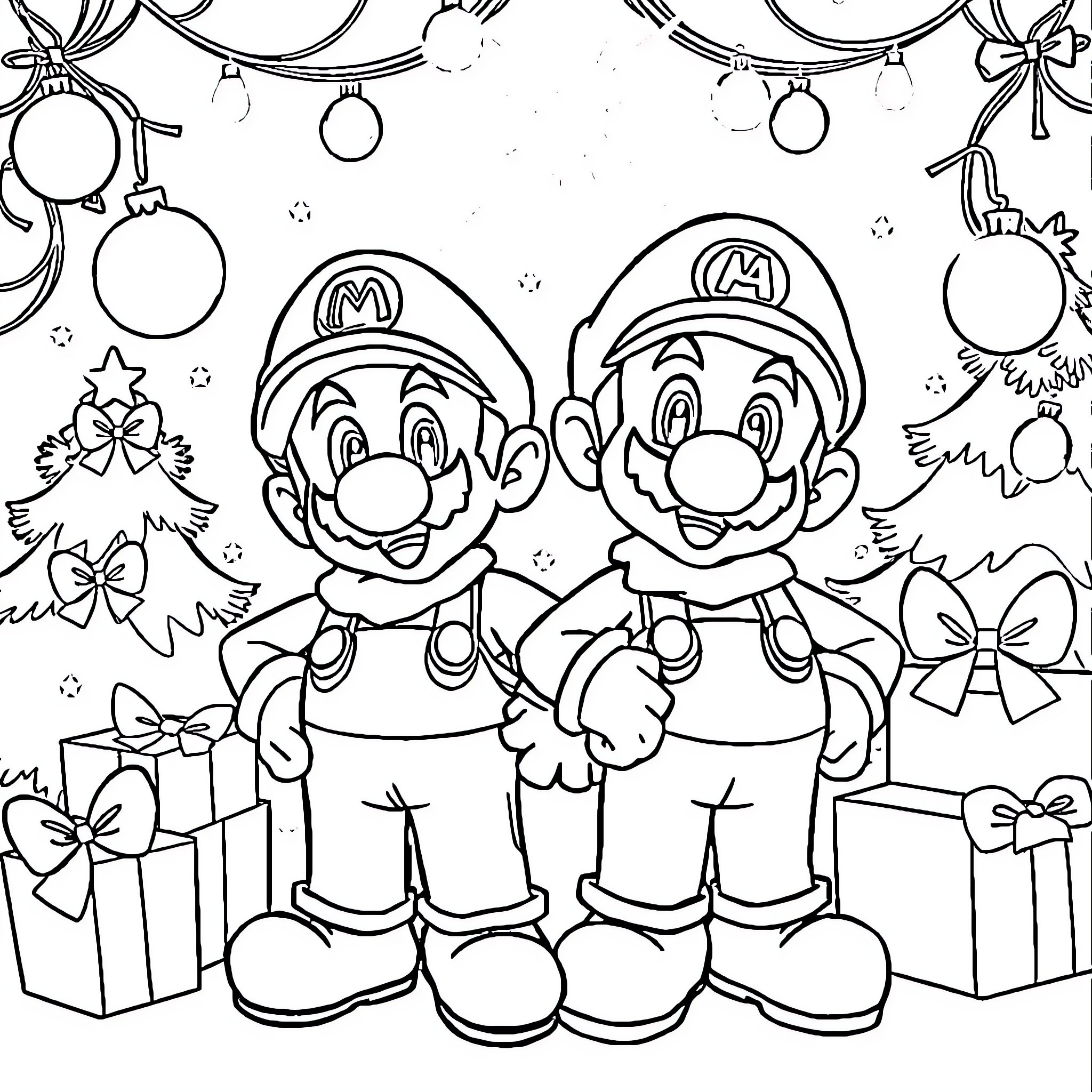 Mario Bros Celebrate Christmas with Gifts and Ornaments Coloring Page (free black-and-white line drawing printable PDF for all, from beginners to advanced learners, including children, teens, adults, and seniors)