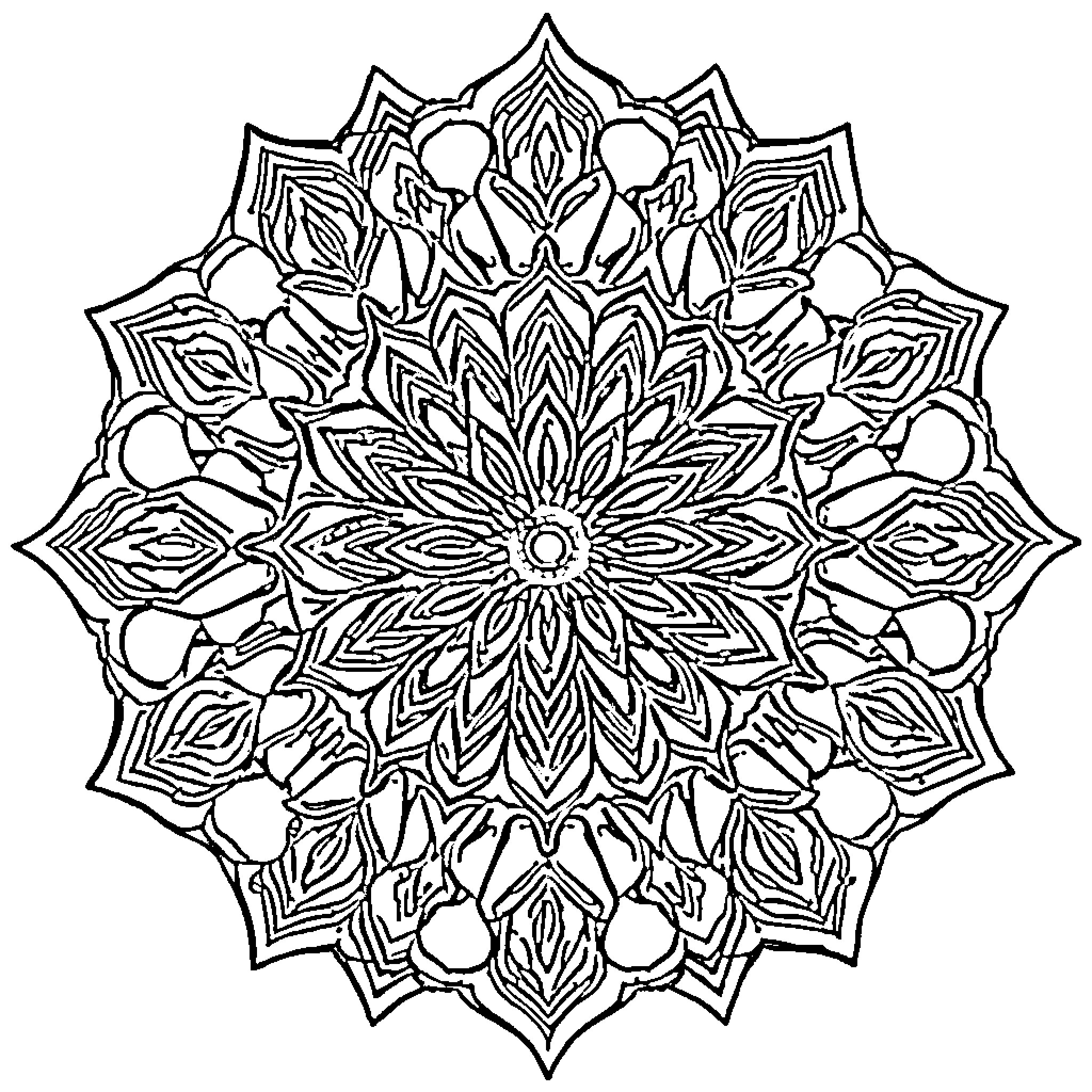 Mandala of intricate floral patterns Coloring Page (free black-and-white line drawing printable PDF for all, from beginners to advanced learners, including children, teens, adults, and seniors)