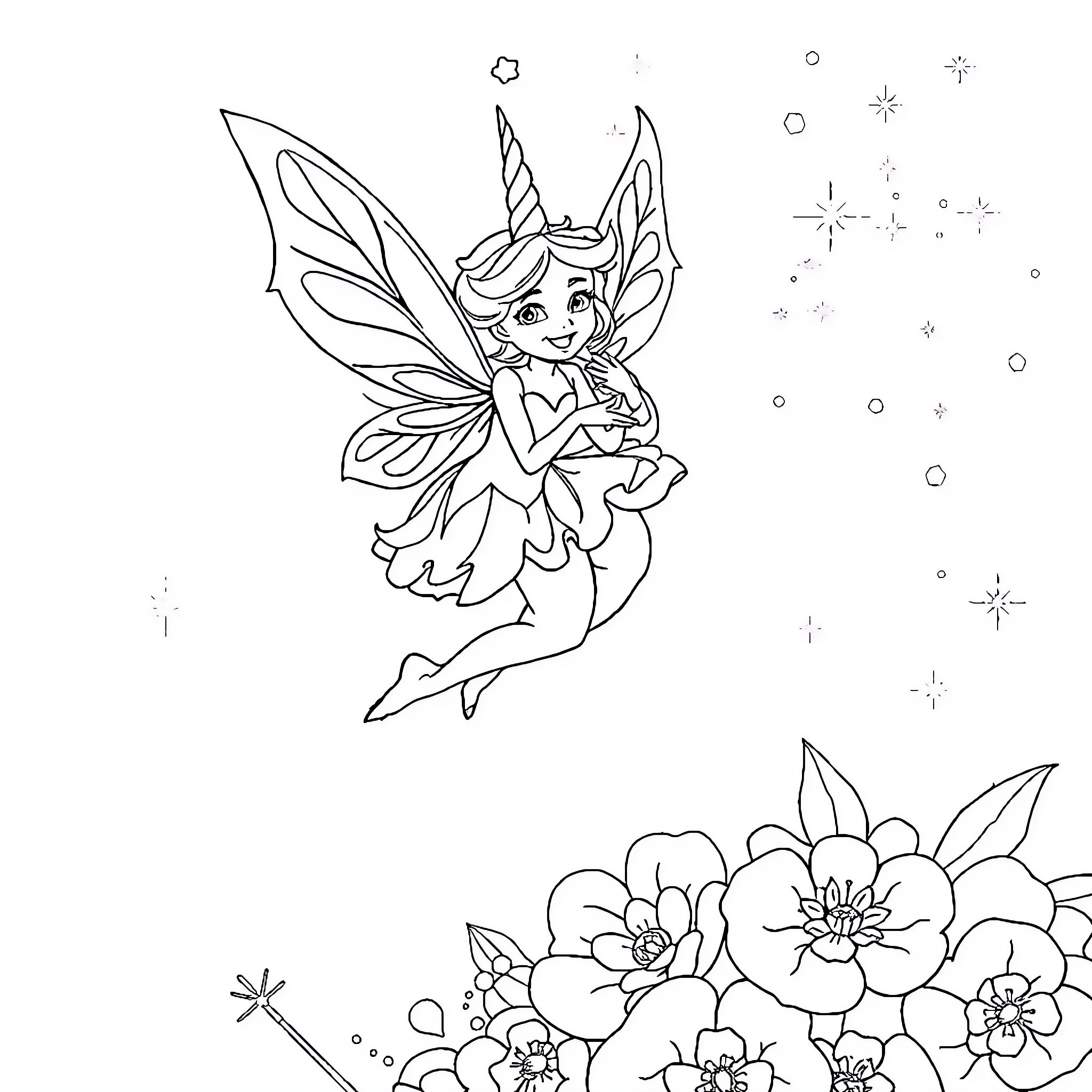 Fairy Dancing in Magical Flower Garden Coloring Page (free black-and-white line drawing printable PDF for all, from beginners to advanced learners, including children, teens, adults, and seniors)
