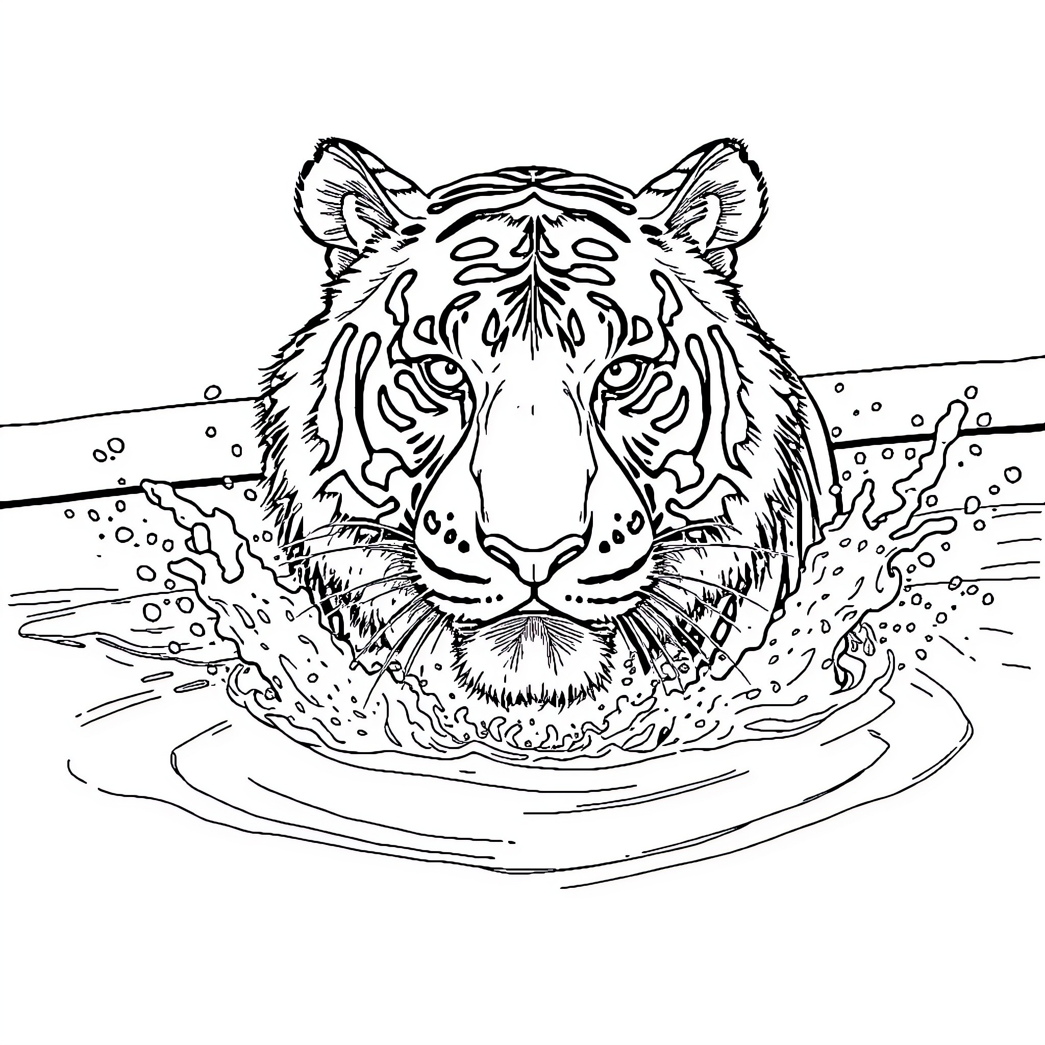 Tiger splashing in the water Coloring Page (free black-and-white line drawing printable PDF for all, from beginners to advanced learners, including children, teens, adults, and seniors)