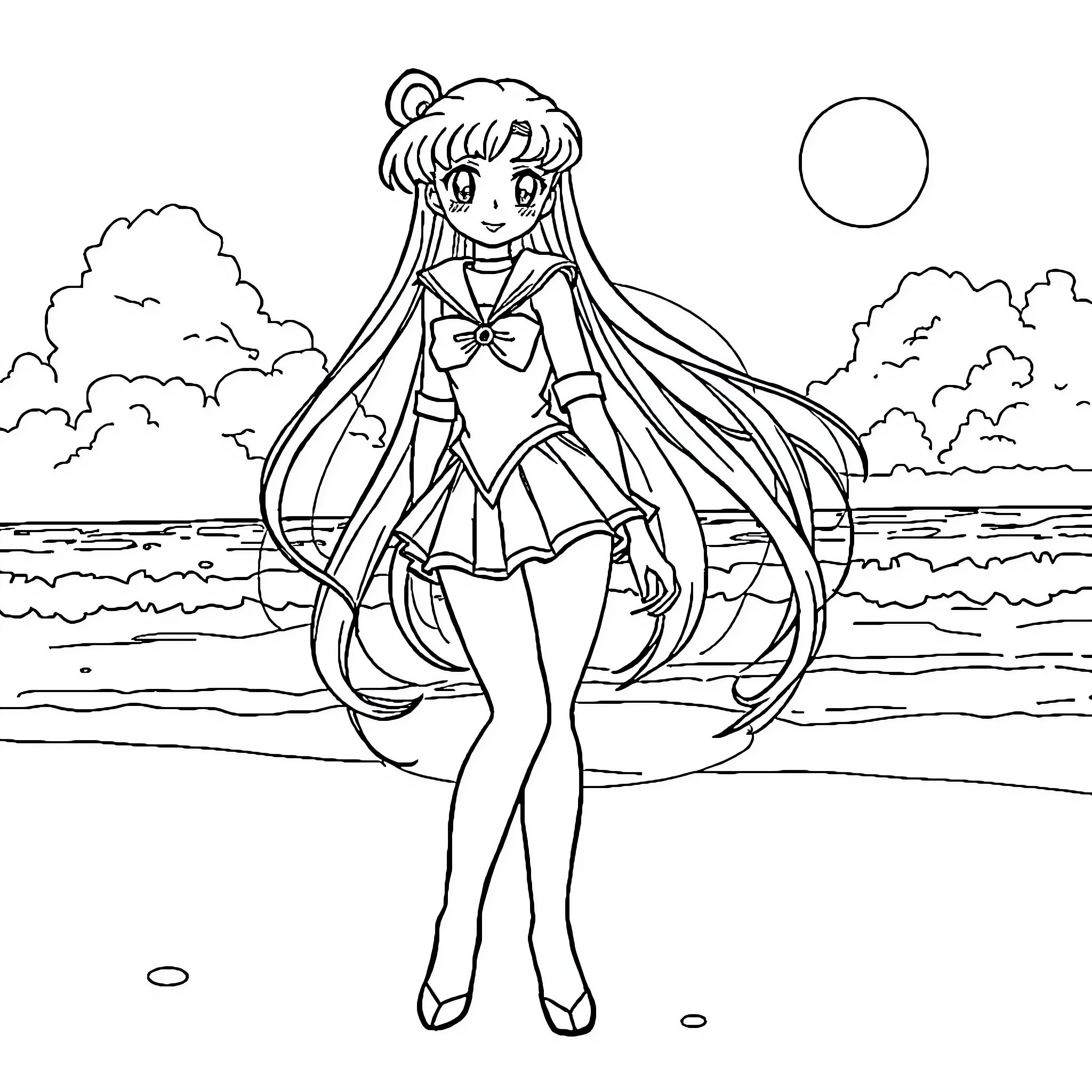 Sailor Moon enjoying the beach scenery Coloring Page (free black-and-white line drawing printable PDF for all, from beginners to advanced learners, including children, teens, adults, and seniors)