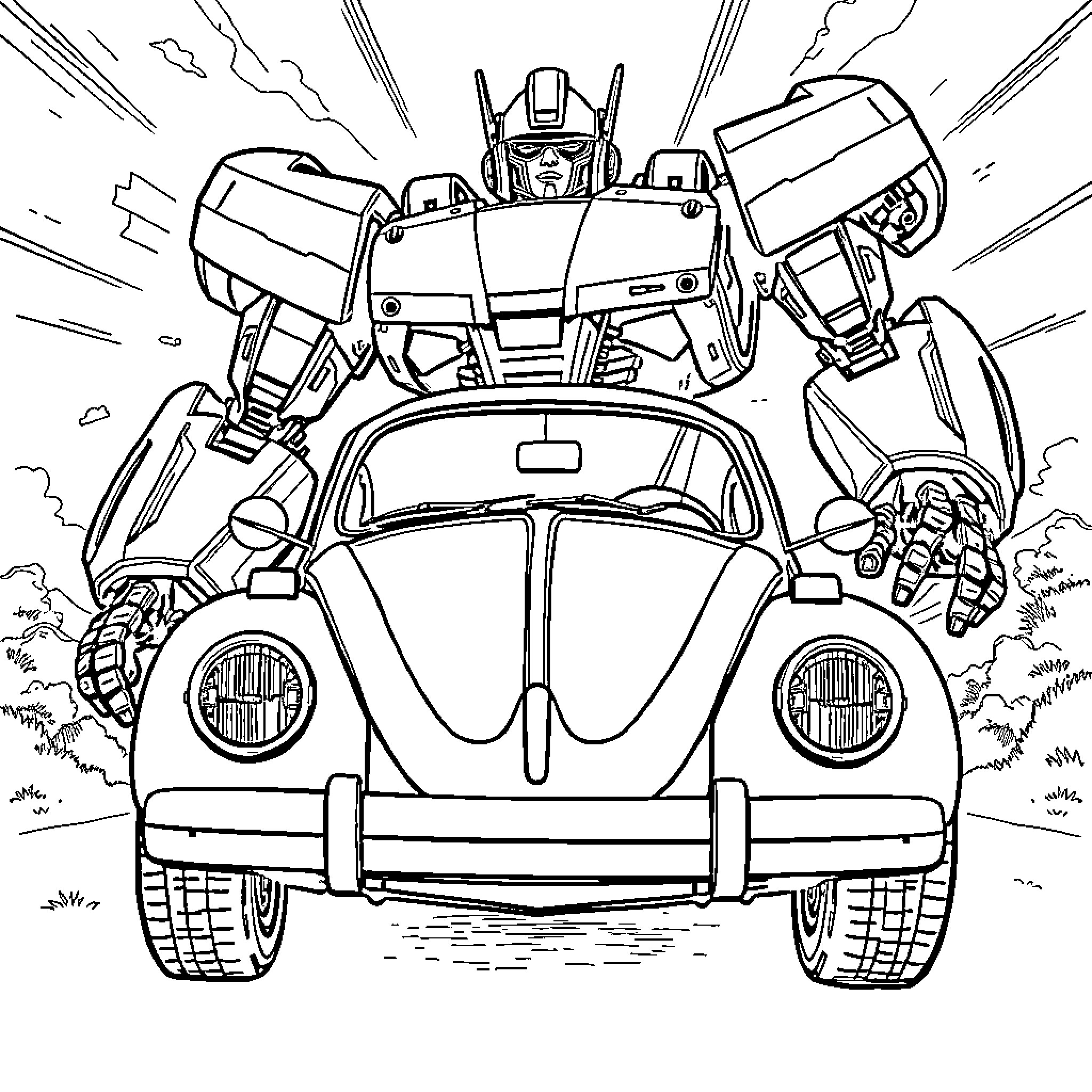VW Beetle transforming into powerful robot Coloring Page (free black-and-white line drawing printable PDF for all, from beginners to advanced learners, including children, teens, adults, and seniors)