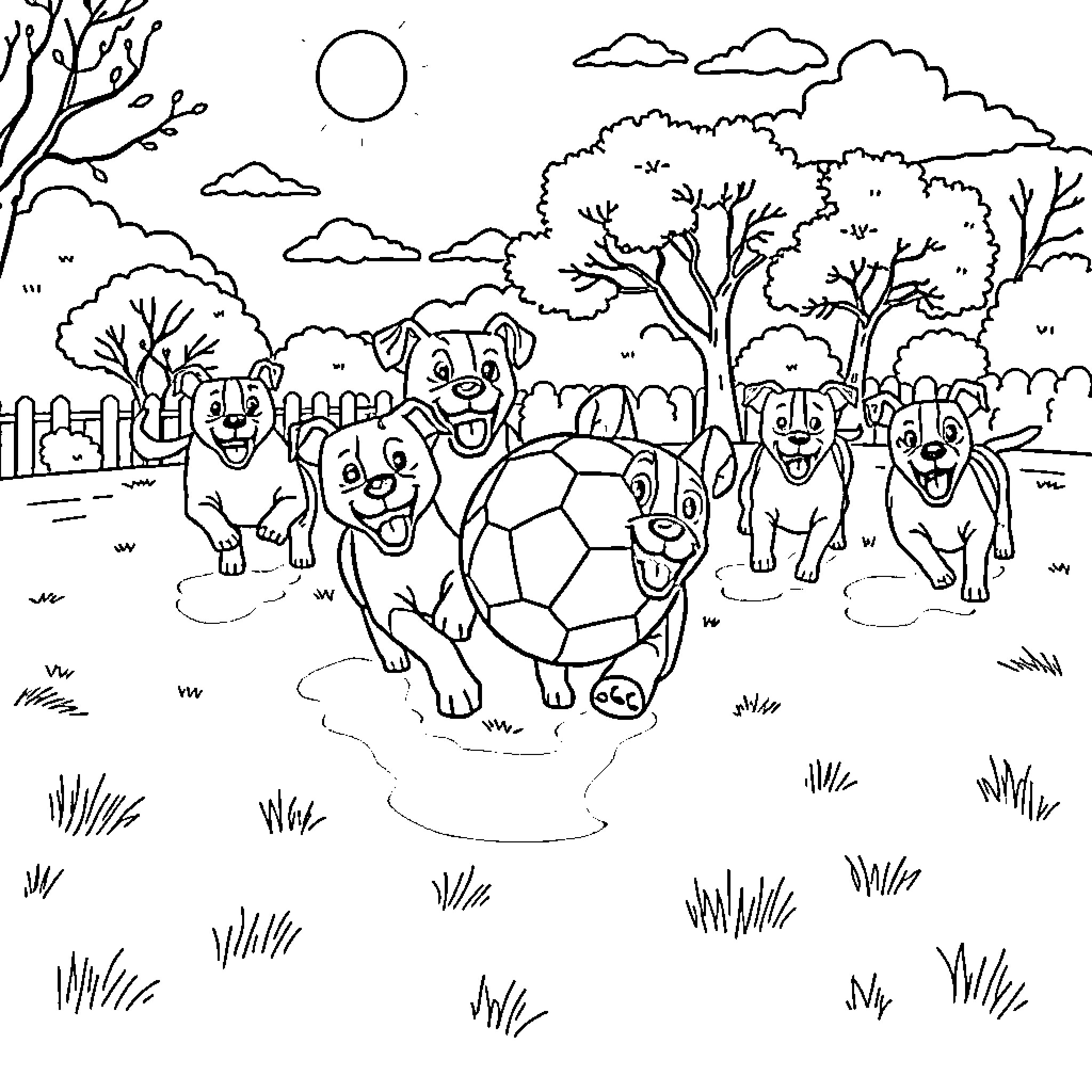 Dog friends playing with soccer ball in park Coloring Page (free black-and-white line drawing printable PDF for all, from beginners to advanced learners, including children, teens, adults, and seniors)