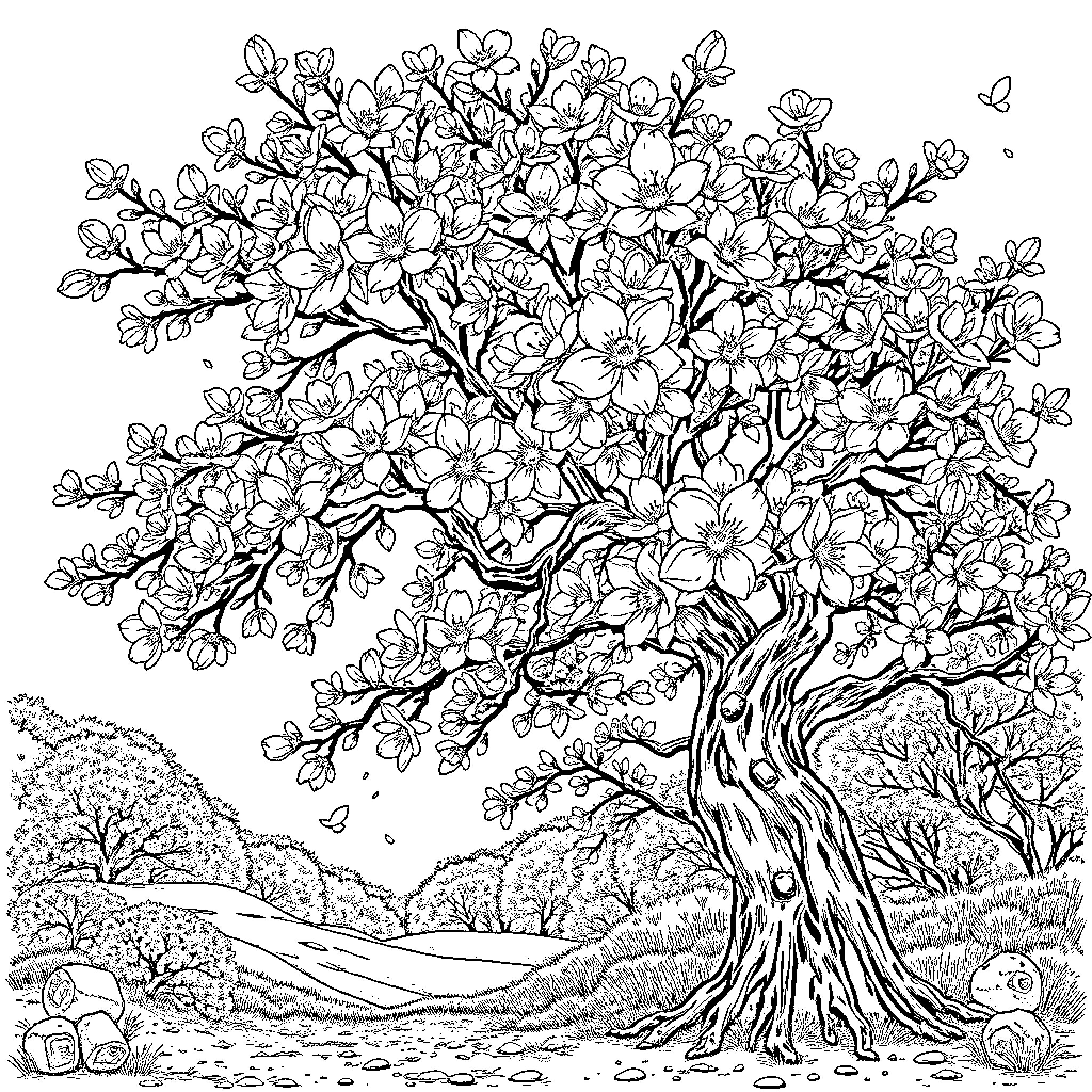 Sakura Tree in Full Bloom at Spring Landscape Coloring Page (free black-and-white line drawing printable PDF for all, from beginners to advanced learners, including children, teens, adults, and seniors)
