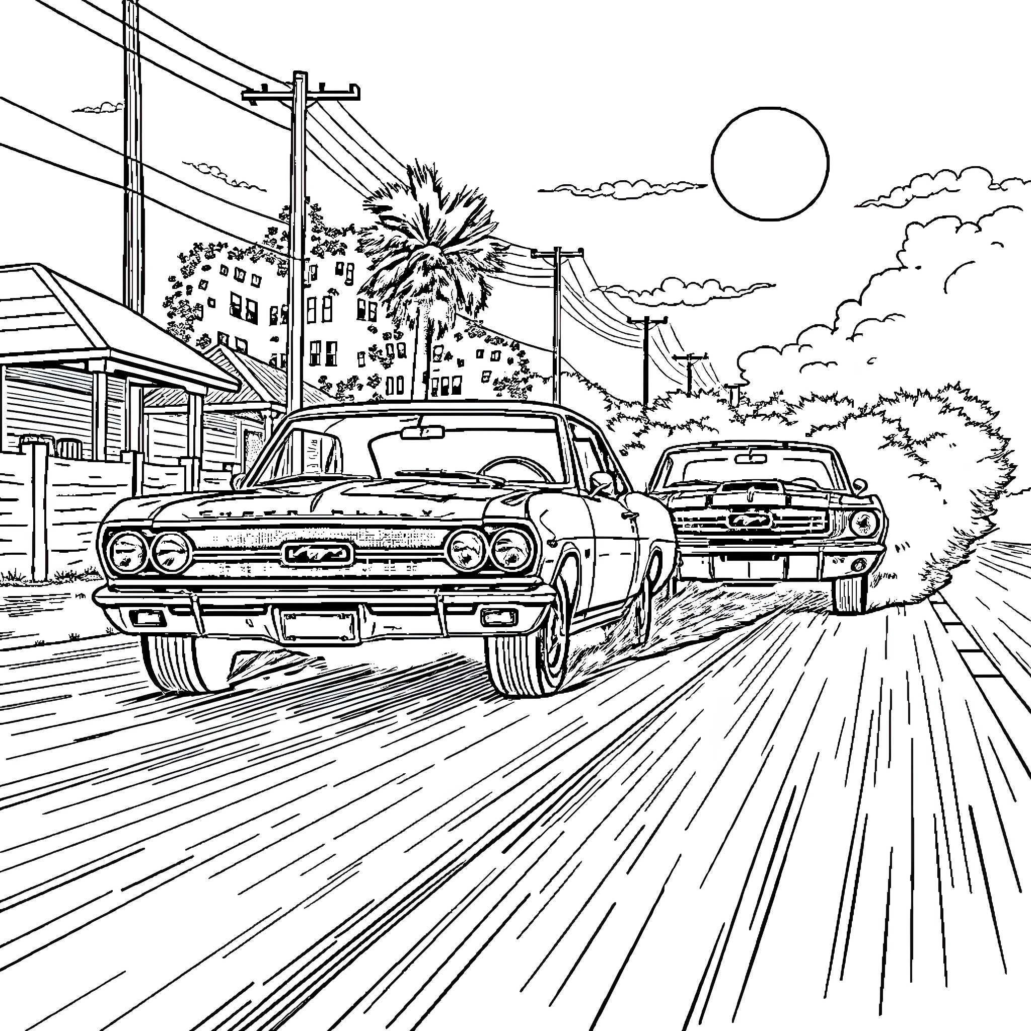 Chevrolet classic cars speeding down the road Coloring Page (free black-and-white line drawing printable PDF for all, from beginners to advanced learners, including children, teens, adults, and seniors)