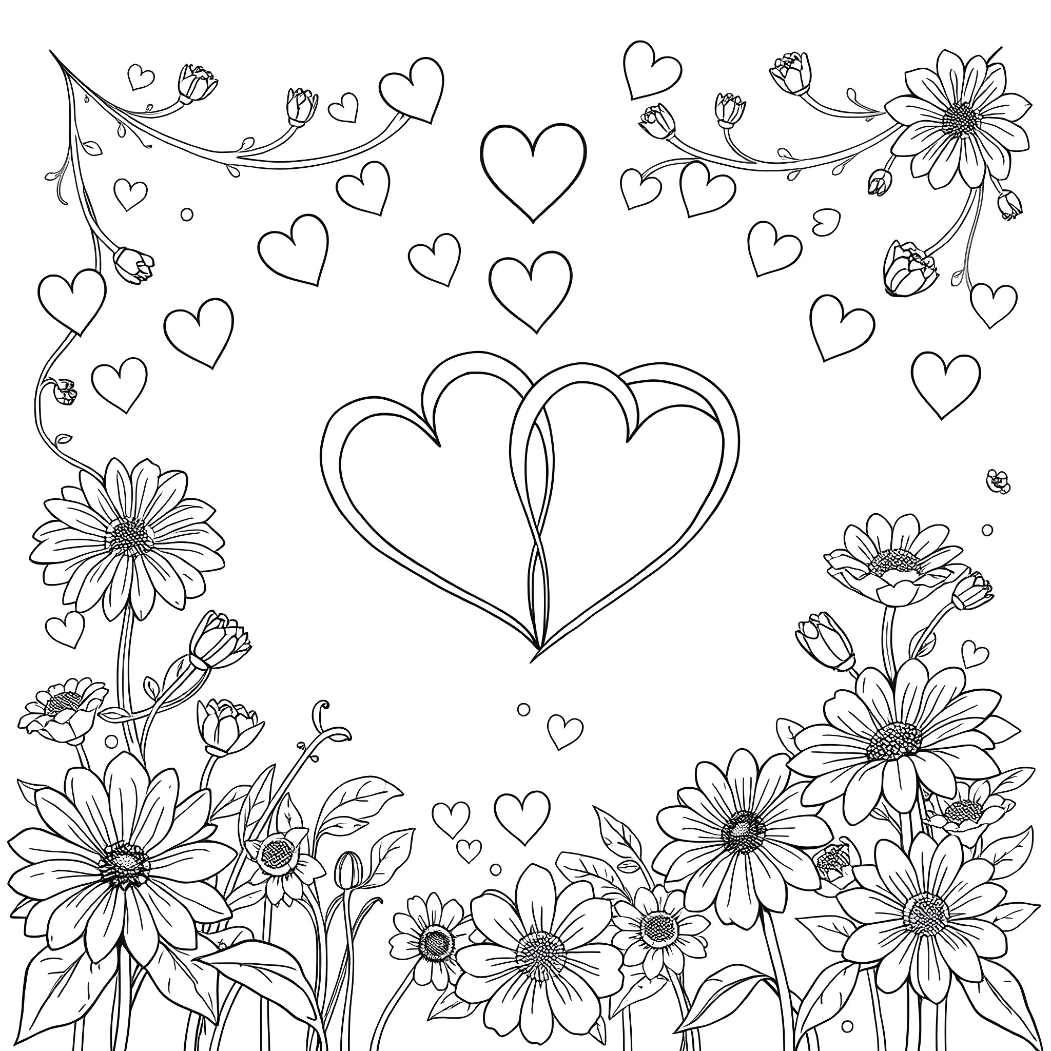 Heart-shaped flowers and butterflies in a garden Coloring Page (free black-and-white line drawing printable PDF for all, from beginners to advanced learners, including children, teens, adults, and seniors)