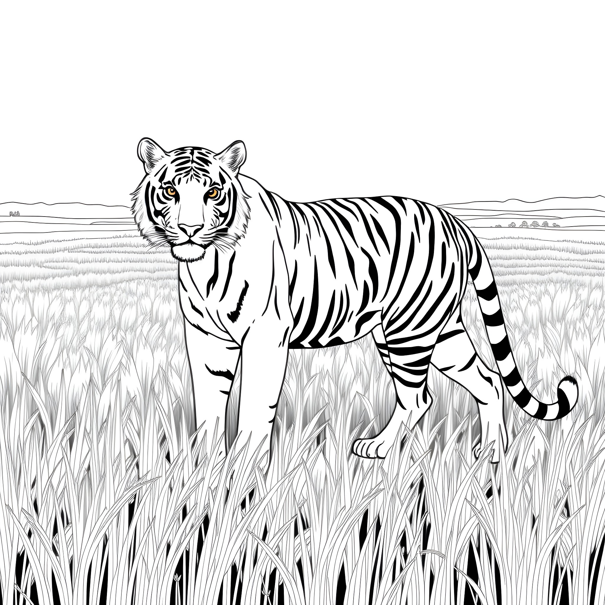 Tiger Prowling Gracefully in Grass-Filled Wilderness Coloring Page (free black-and-white line drawing printable PDF for all, from beginners to advanced learners, including children, teens, adults, and seniors)