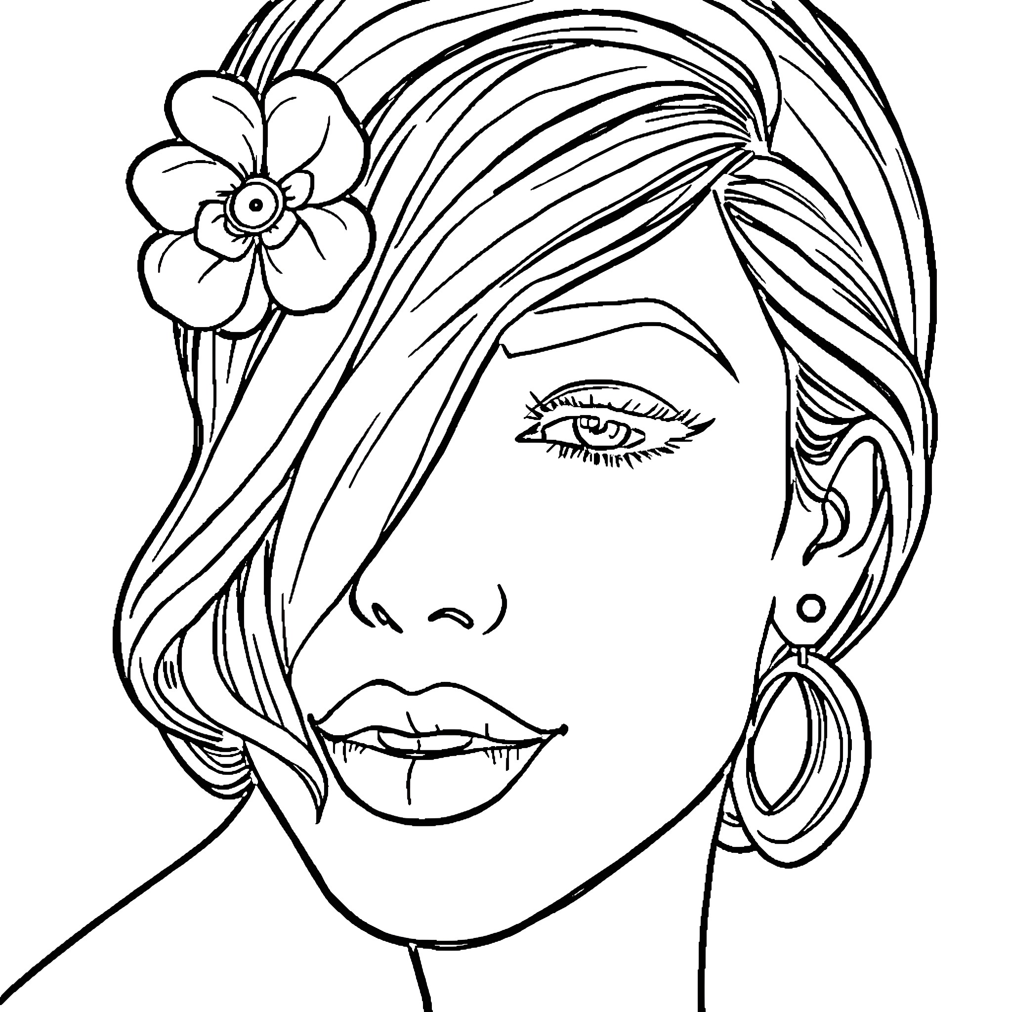 Woman with floral accessories and pensive expression Coloring Page (free black-and-white line drawing printable PDF for all, from beginners to advanced learners, including children, teens, adults, and seniors)