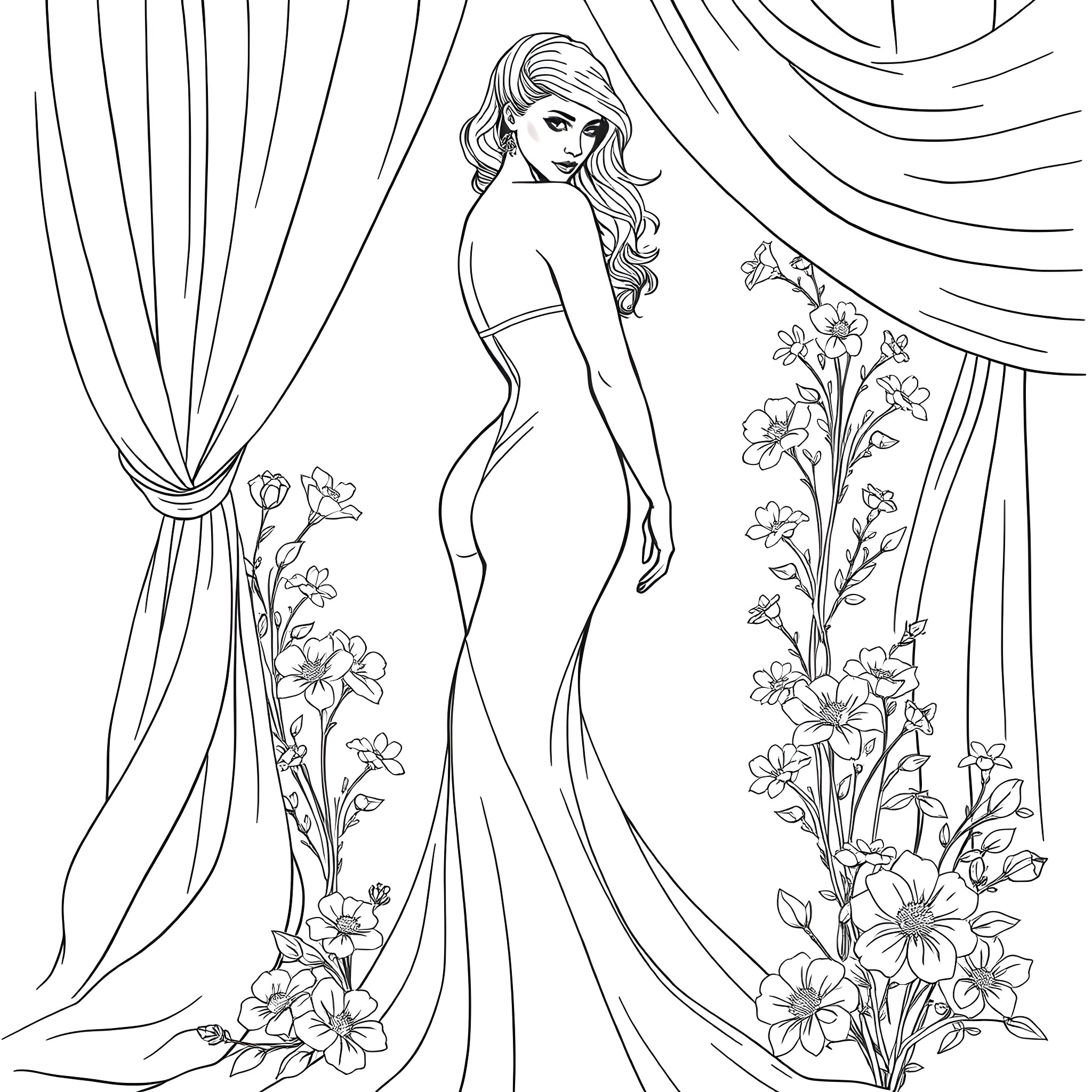 Woman in elegant gown amidst floral curtains Coloring Page (free black-and-white line drawing printable PDF for all, from beginners to advanced learners, including children, teens, adults, and seniors)