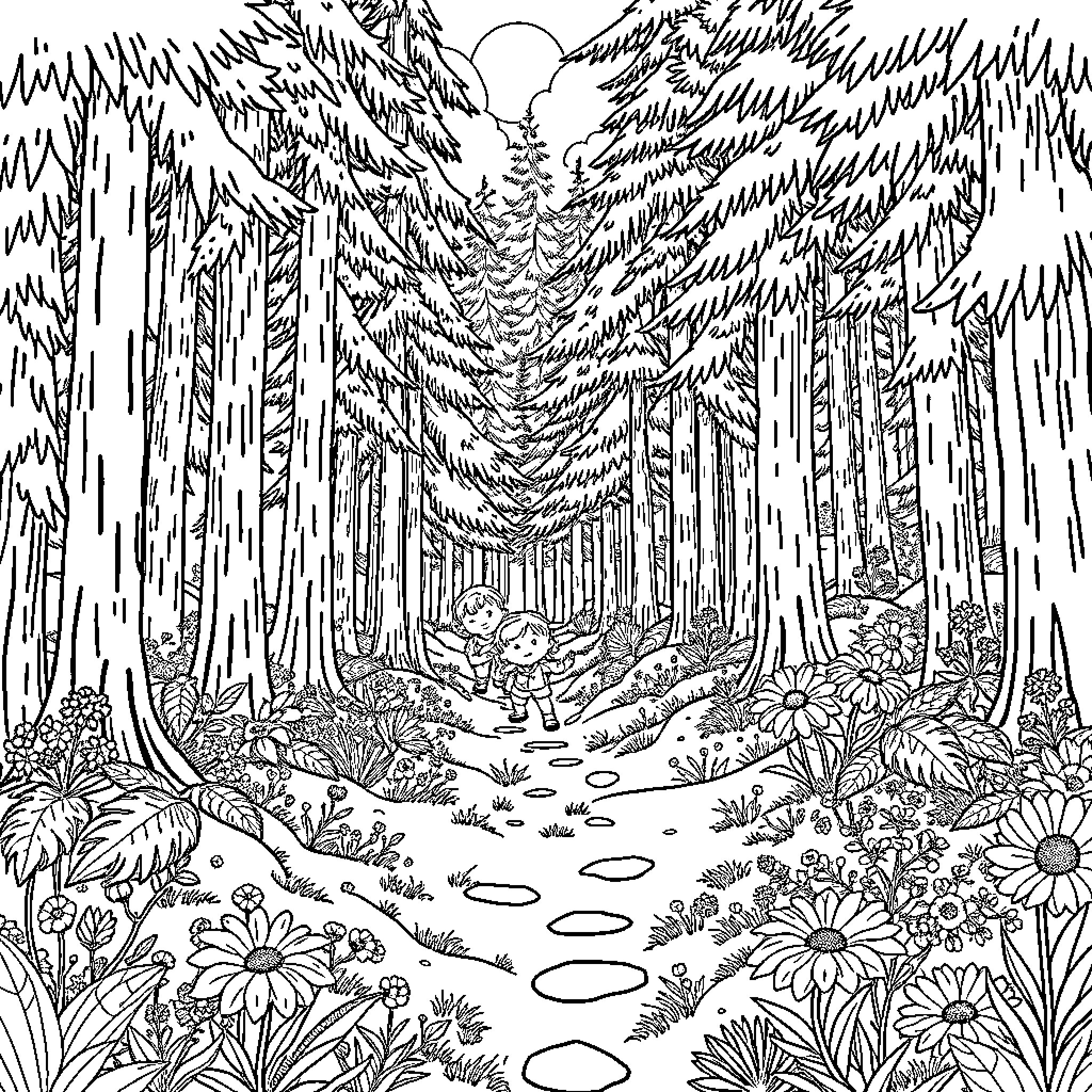 Kid's Enchanted Forest Adventure Coloring Page (free black-and-white line drawing printable PDF for all, from beginners to advanced learners, including children, teens, adults, and seniors)