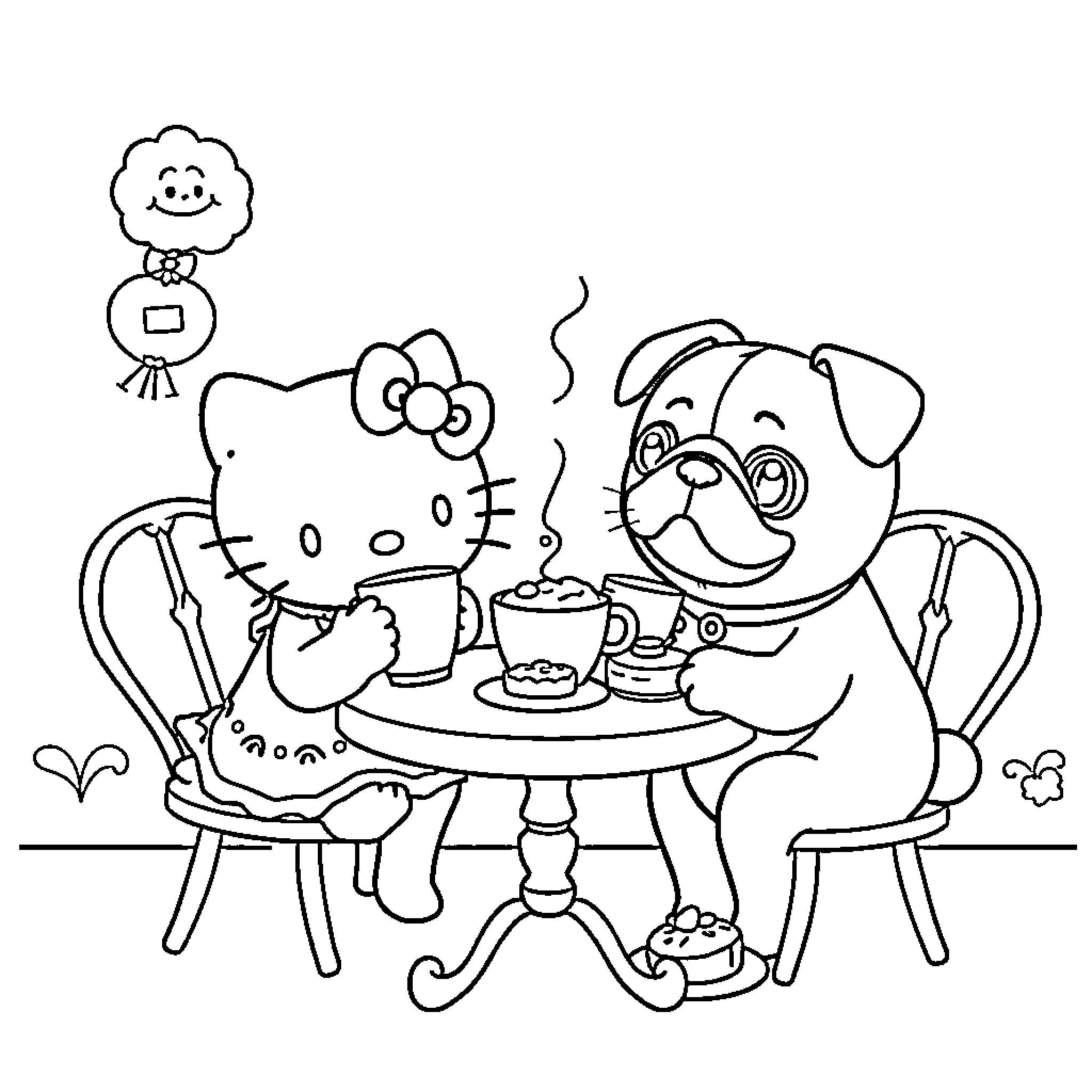 Hello Kitty and Puppy Enjoying Tea Time Together Coloring Page (free black-and-white line drawing printable PDF for all, from beginners to advanced learners, including children, teens, adults, and seniors)