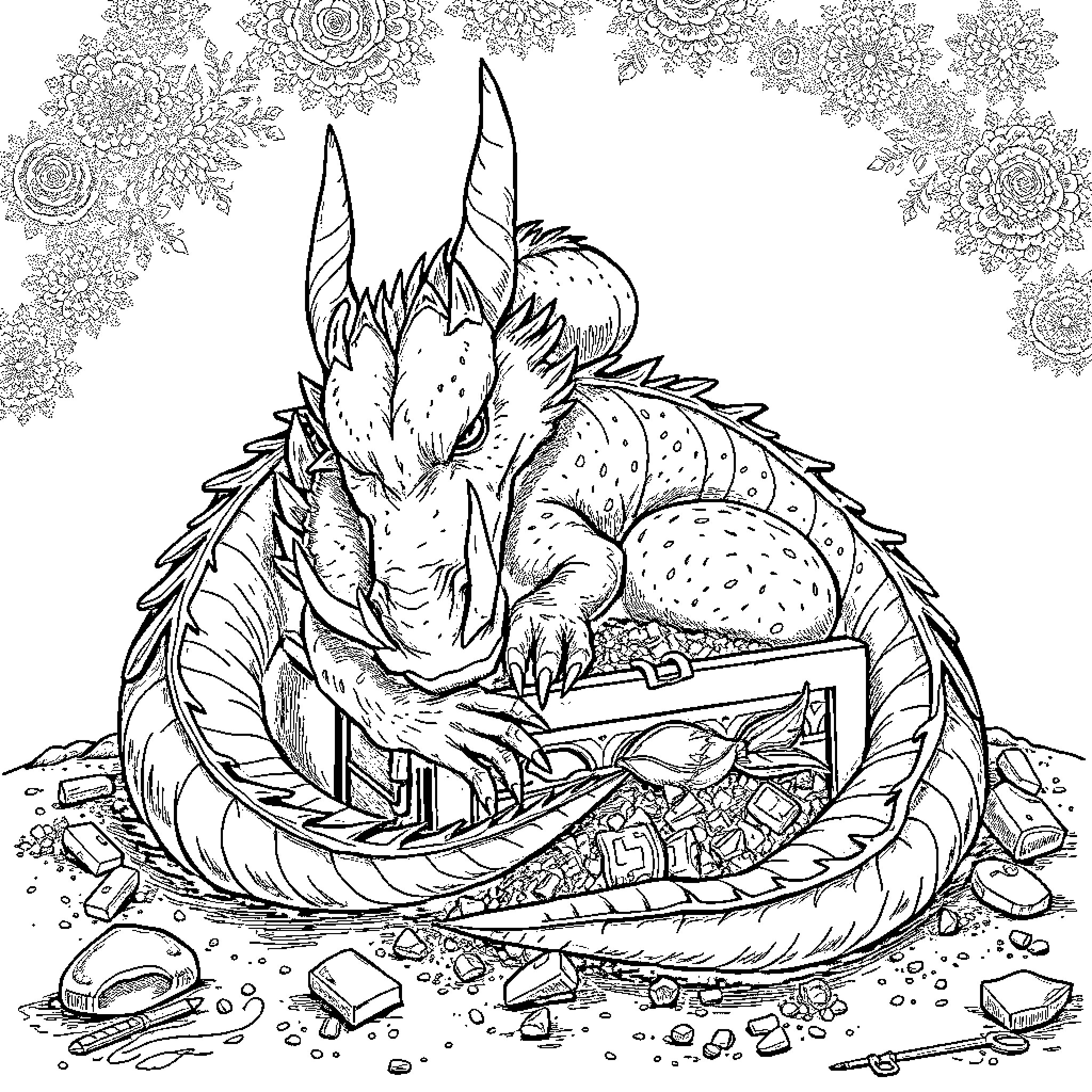 Dragon Guarding a Treasure Hoard Coloring Page (free black-and-white line drawing printable PDF for all, from beginners to advanced learners, including children, teens, adults, and seniors)