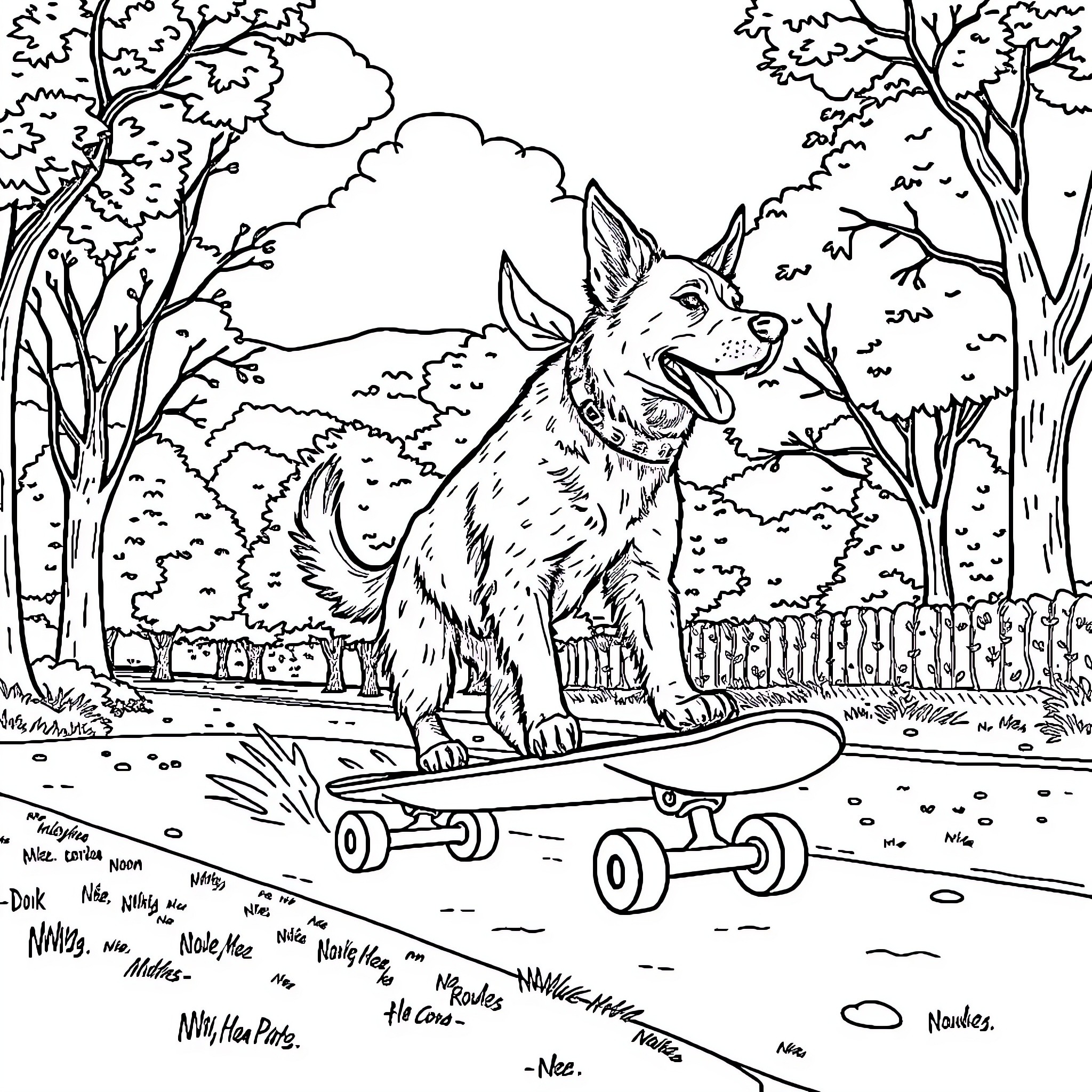Dog playing with skateboard in the forest Coloring Page (free black-and-white line drawing printable PDF for all, from beginners to advanced learners, including children, teens, adults, and seniors)