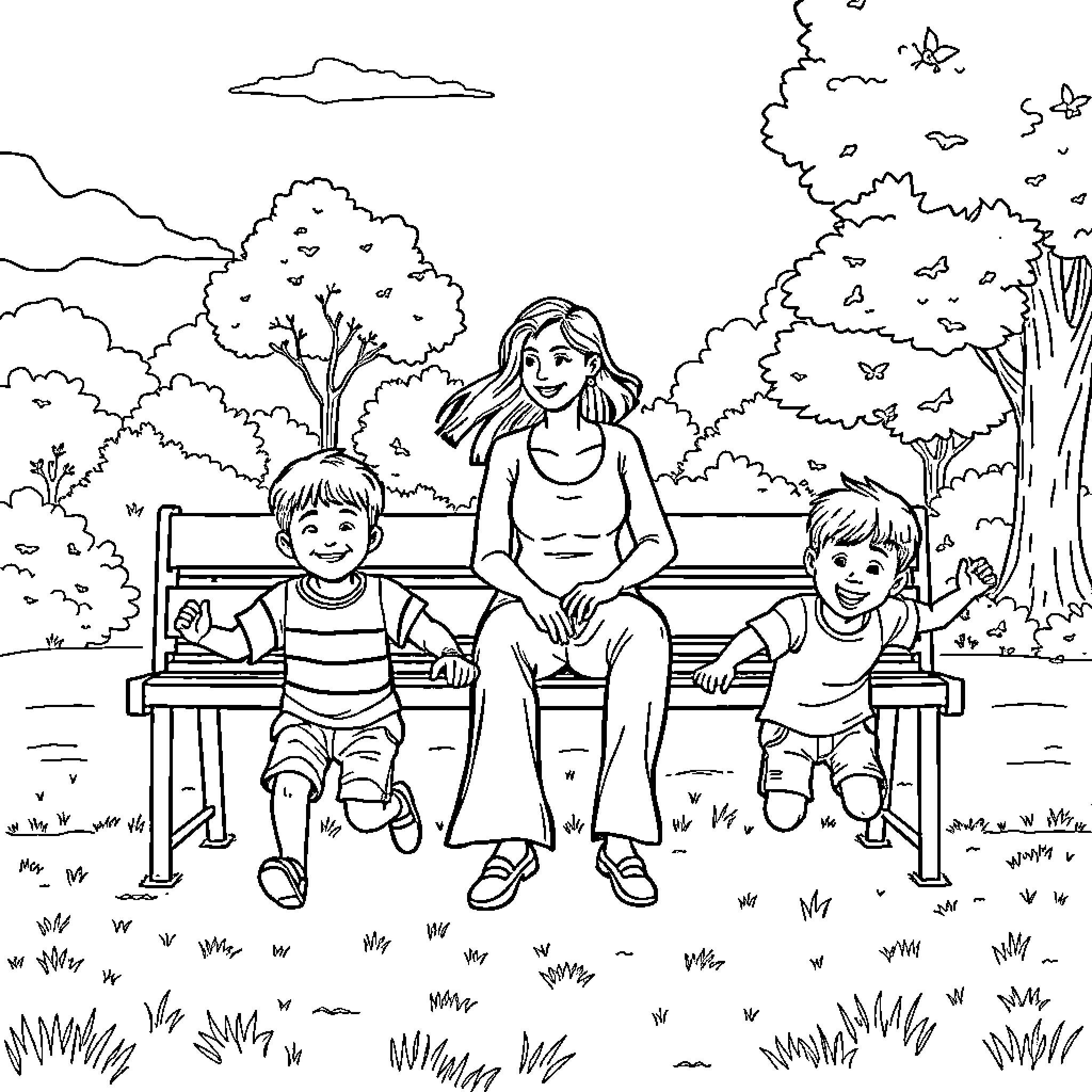 Mom Enjoying Quality Time with Children in the Park Coloring Page (free black-and-white line drawing printable PDF for all, from beginners to advanced learners, including children, teens, adults, and seniors)