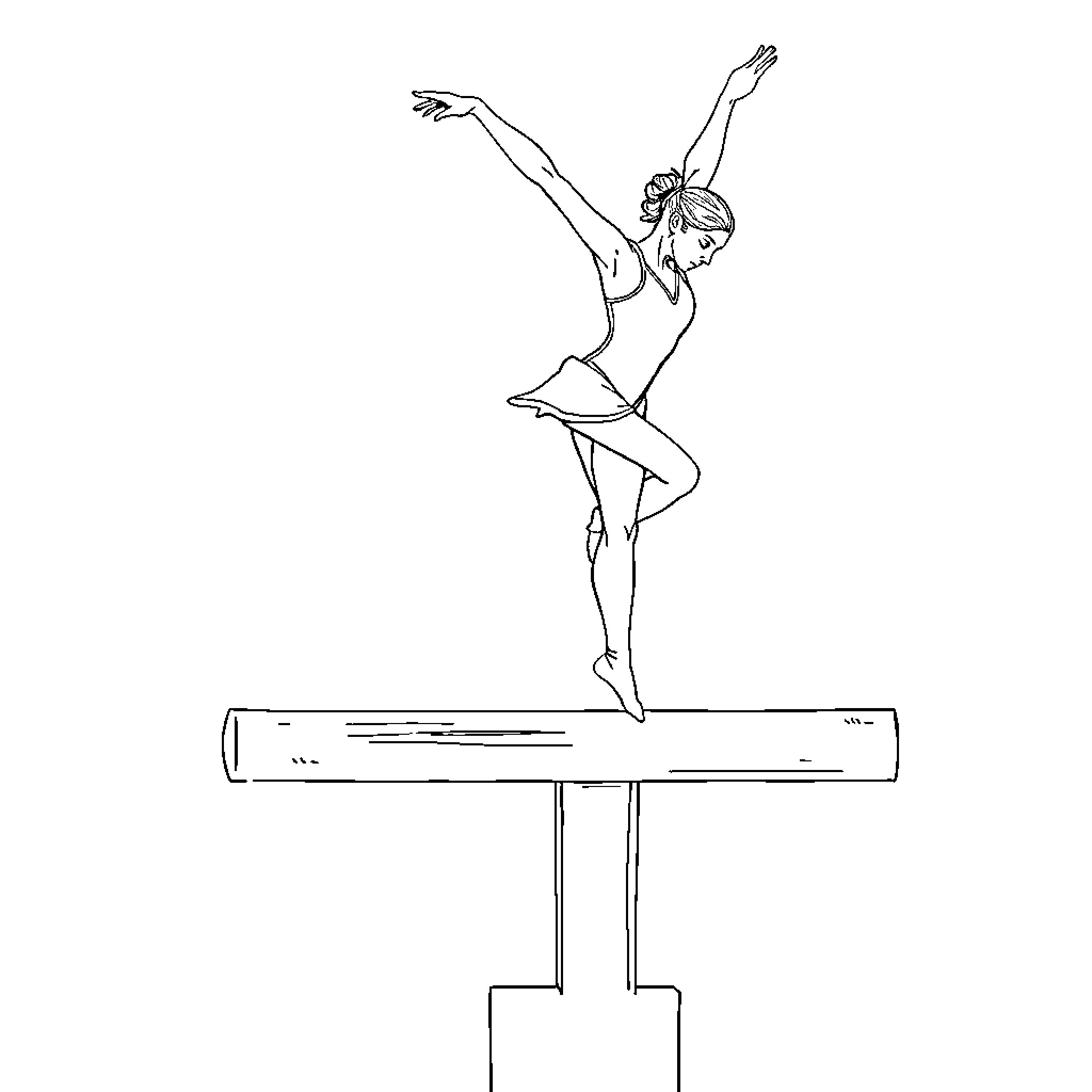 Gymnast performing acrobatic routine on balance beam Coloring Page (free black-and-white line drawing printable PDF for all, from beginners to advanced learners, including children, teens, adults, and seniors)