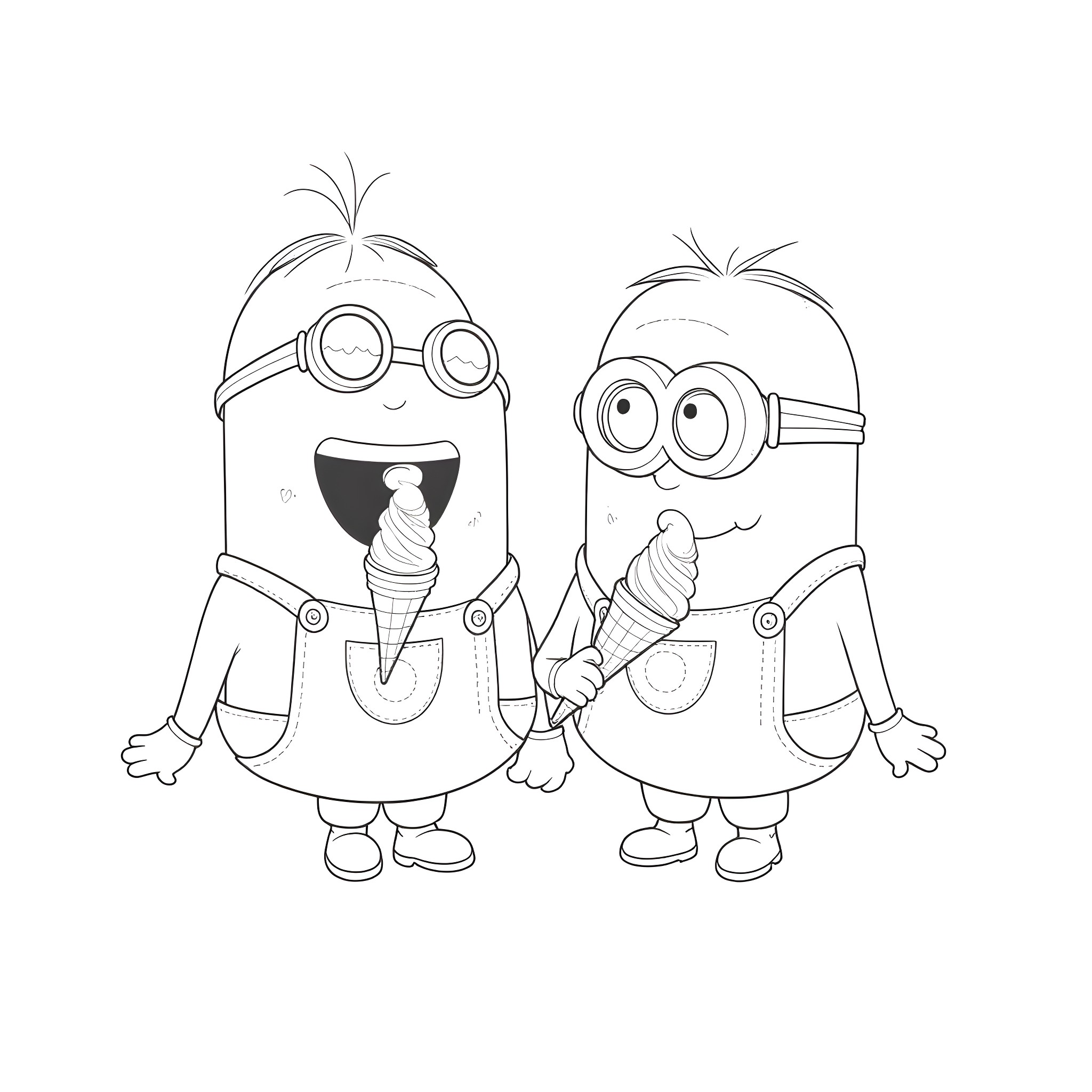 Minions enjoying ice cream on a sunny day Coloring Page (free black-and-white line drawing printable PDF for all, from beginners to advanced learners, including children, teens, adults, and seniors)
