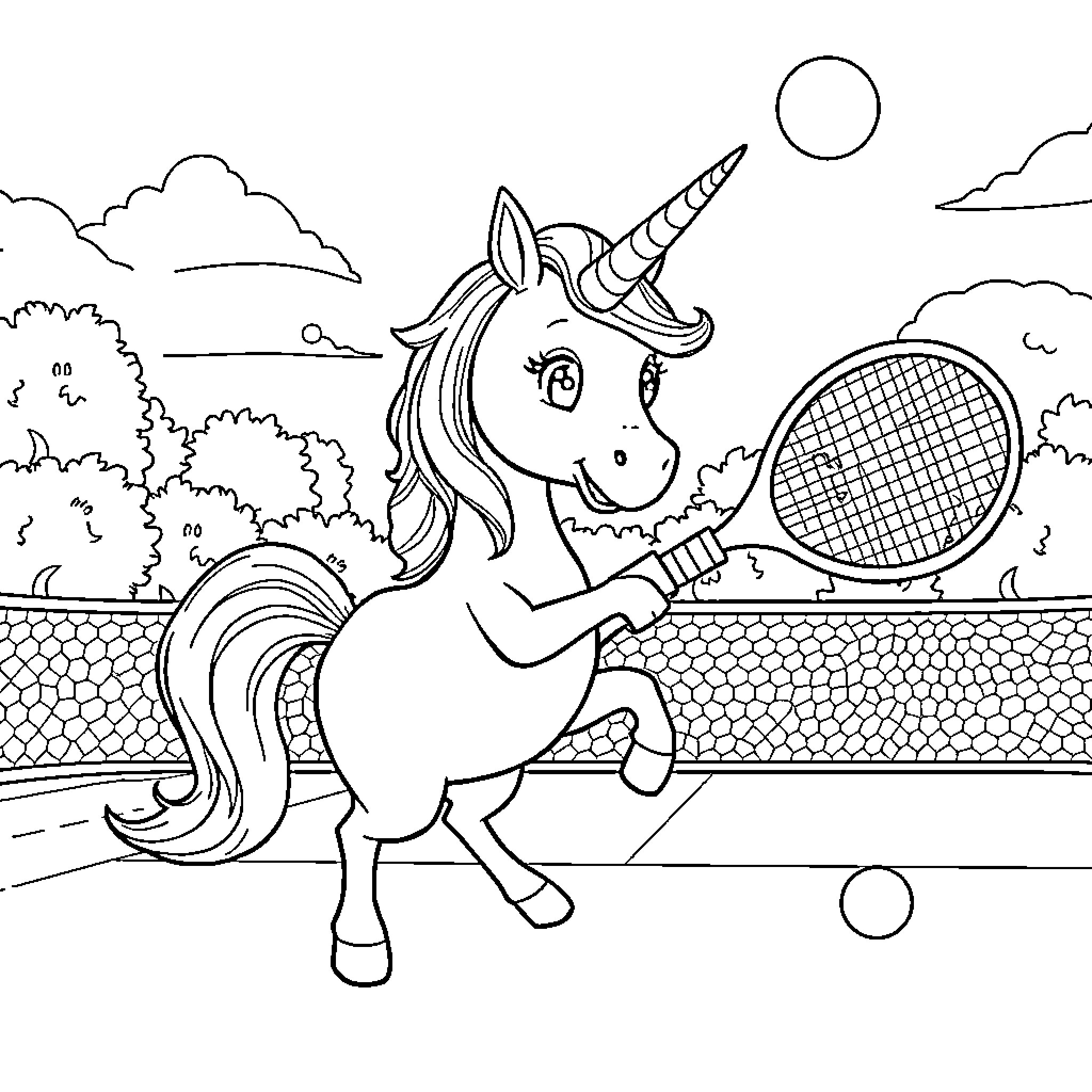 Unicorn Playing Tennis in Enchanted Garden Coloring Page (free black-and-white line drawing printable PDF for all, from beginners to advanced learners, including children, teens, adults, and seniors)