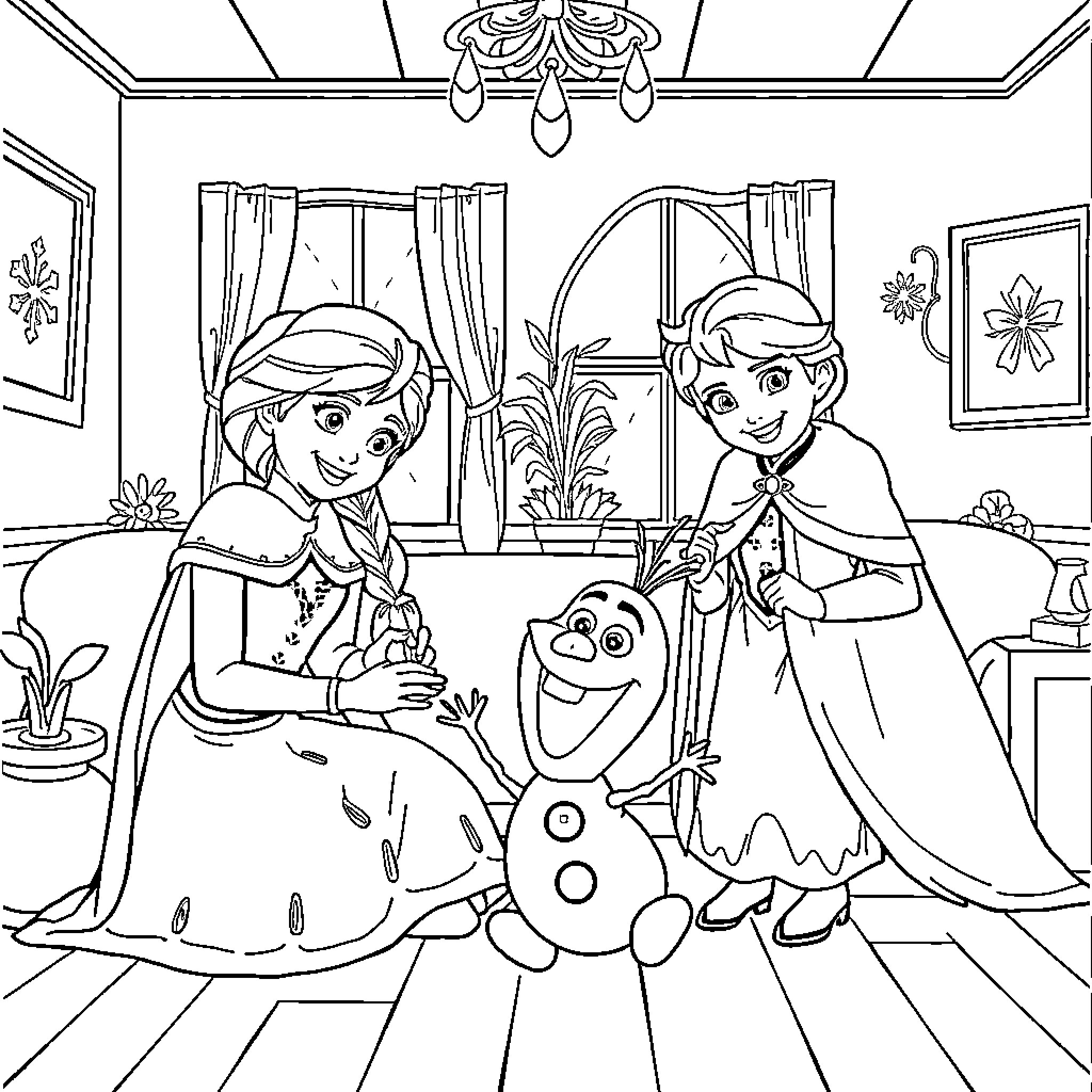 Bluey and friends play in cozy home setting Coloring Page (free black-and-white line drawing printable PDF for all, from beginners to advanced learners, including children, teens, adults, and seniors)