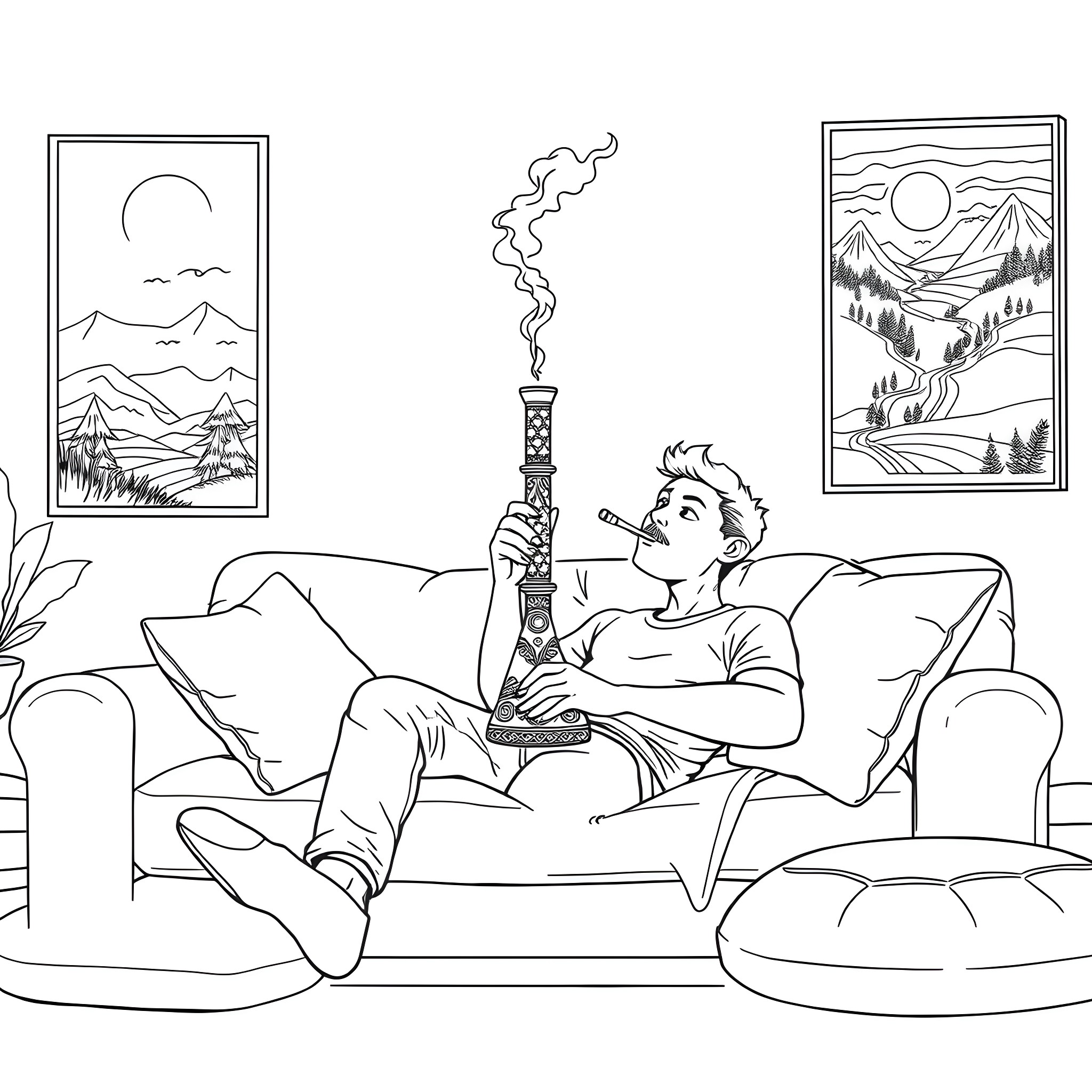 Guy relaxing and smoking on the couch Coloring Page (free black-and-white line drawing printable PDF for all, from beginners to advanced learners, including children, teens, adults, and seniors)