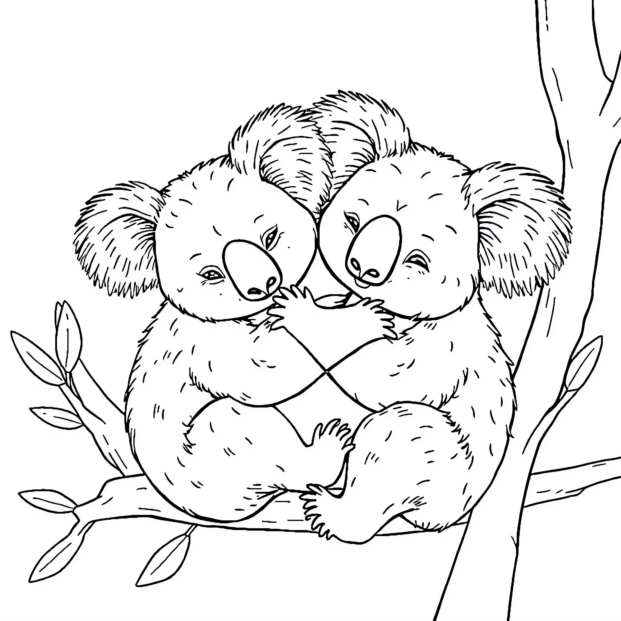 Koala family cuddling affectionately in the tree Coloring Page (free black-and-white line drawing printable PDF for all, from beginners to advanced learners, including children, teens, adults, and seniors)