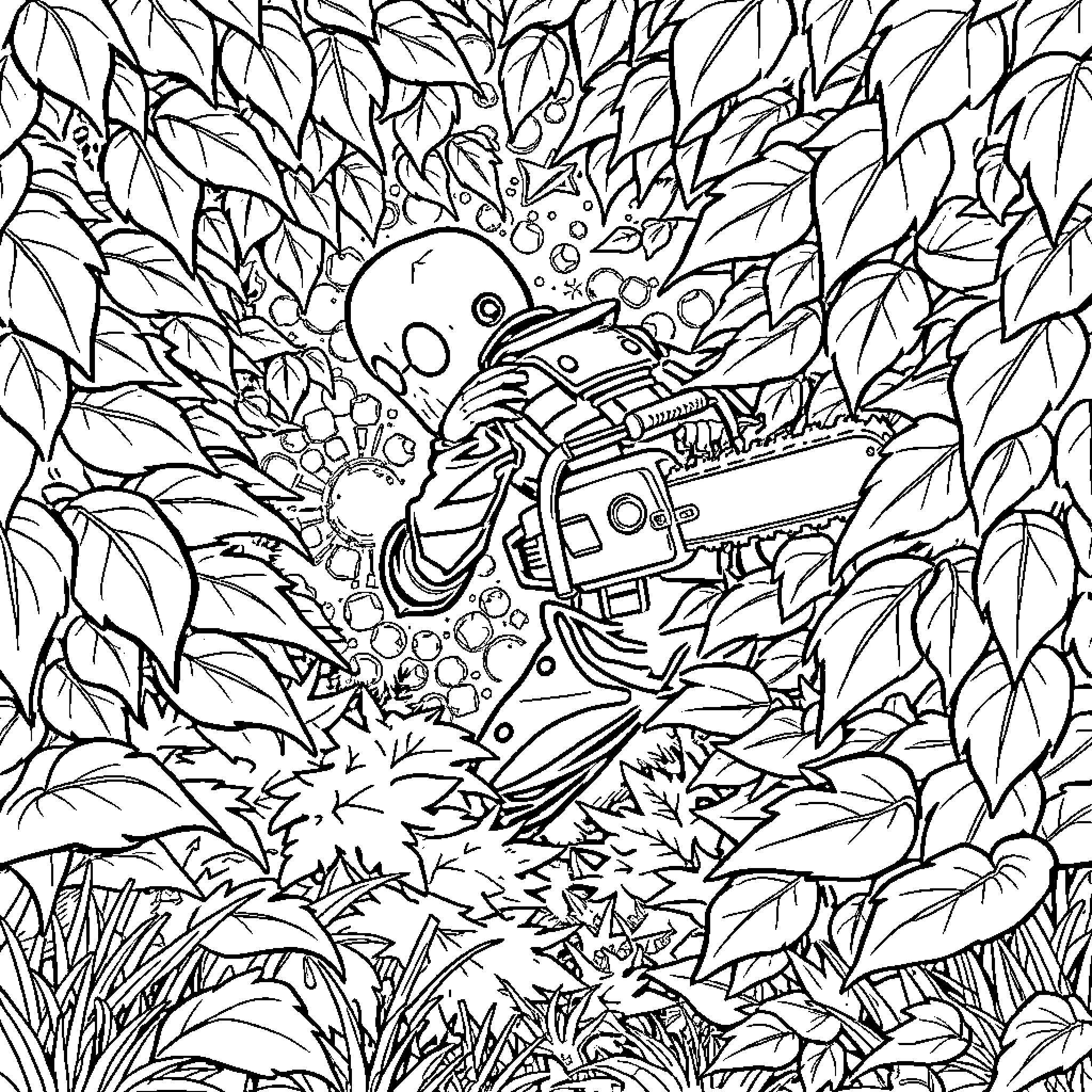 Chainsaw Man battling through the dense foliage Coloring Page (free black-and-white line drawing printable PDF for all, from beginners to advanced learners, including children, teens, adults, and seniors)