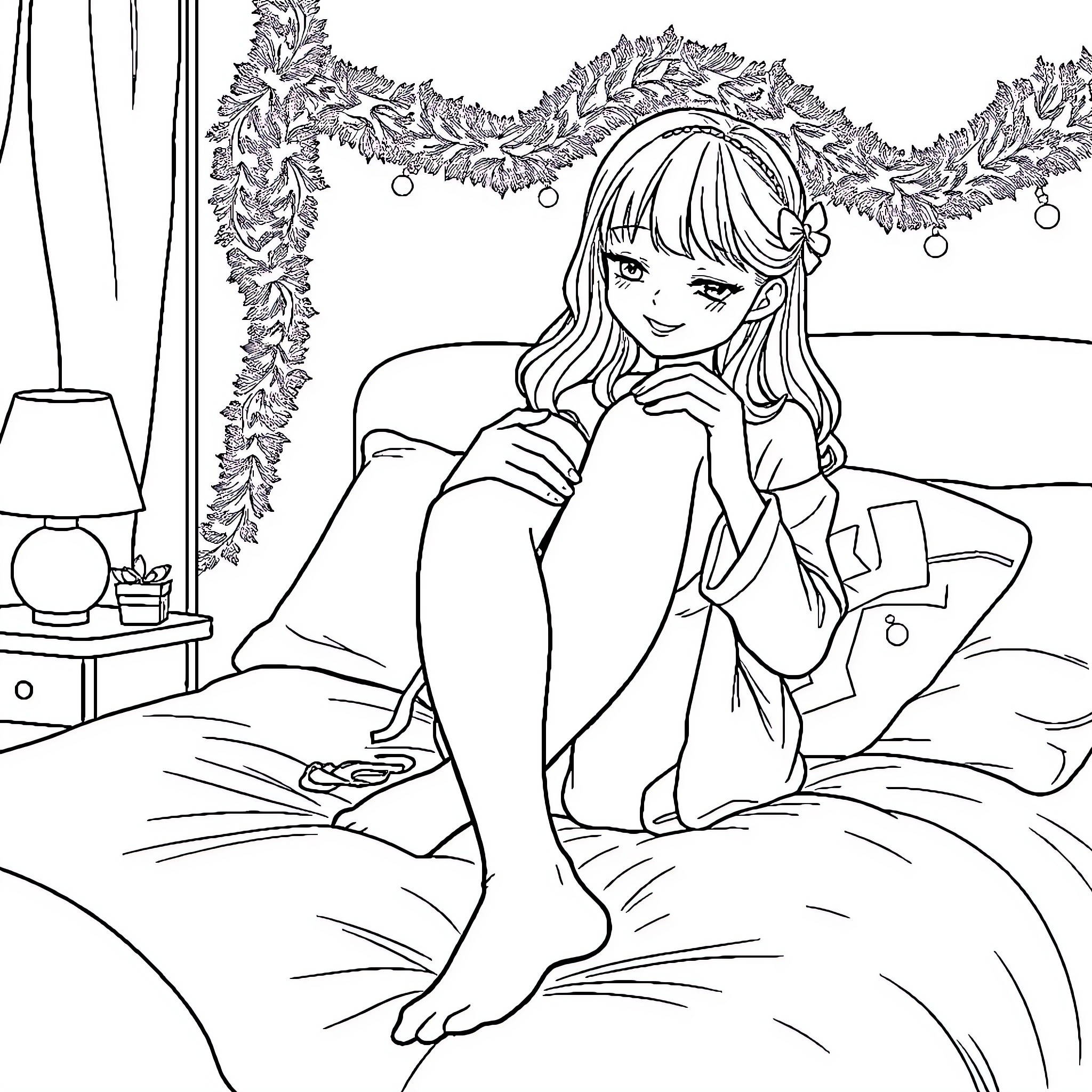 Girl sitting comfortably on bed in decorated room Coloring Page (free black-and-white line drawing printable PDF for all, from beginners to advanced learners, including children, teens, adults, and seniors)
