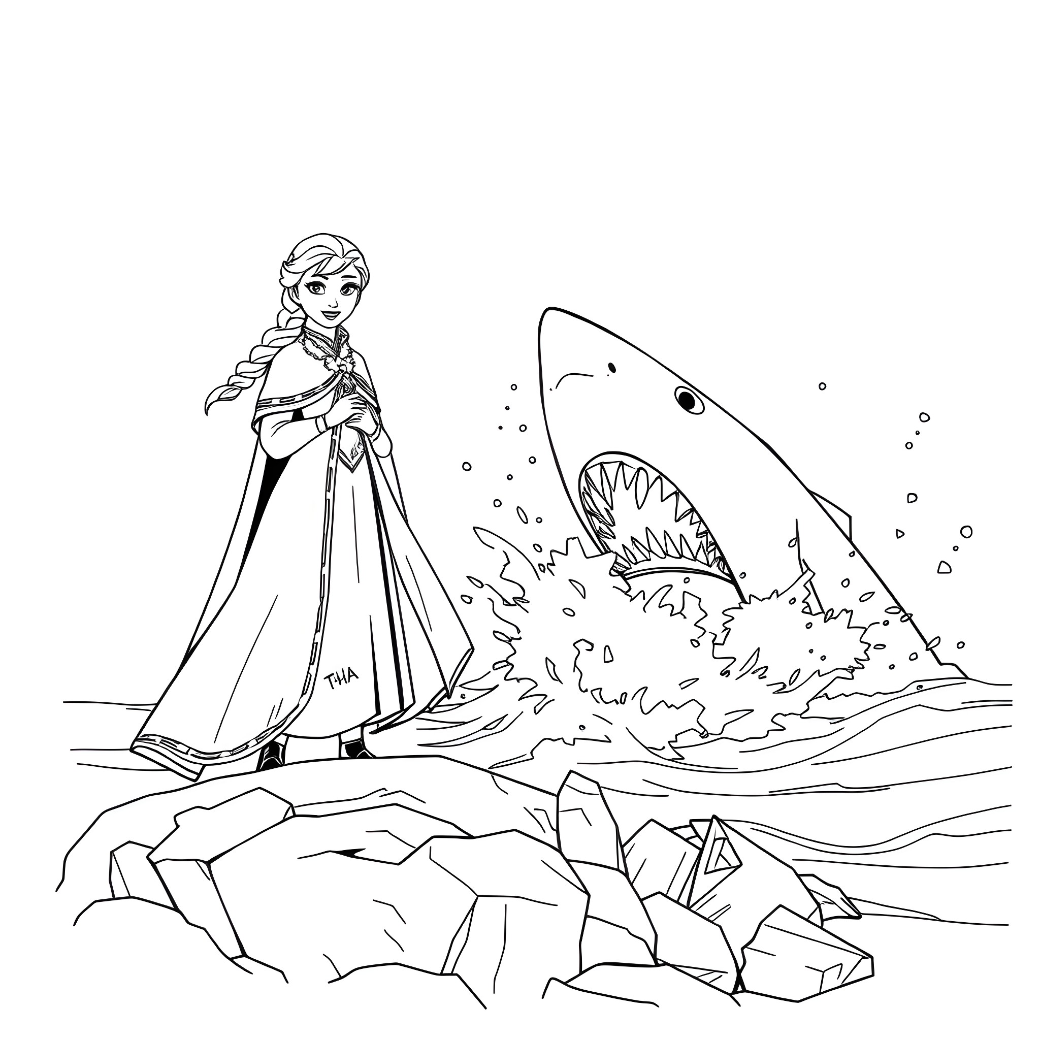 Elsa faces a fearsome shark in an icy landscape Coloring Page (free black-and-white line drawing printable PDF for all, from beginners to advanced learners, including children, teens, adults, and seniors)