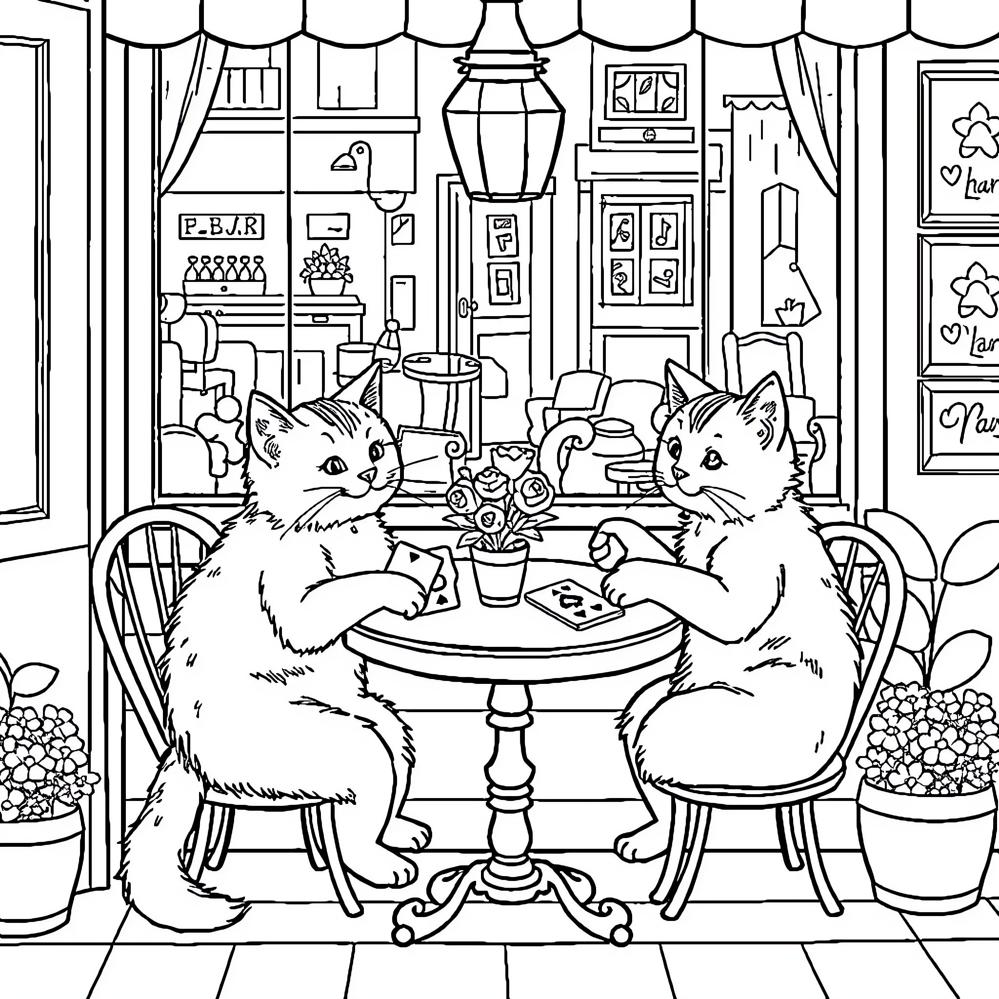Cat Enjoying Cozy Indoor Setting with Friends Coloring Page (free black-and-white line drawing printable PDF for all, from beginners to advanced learners, including children, teens, adults, and seniors)