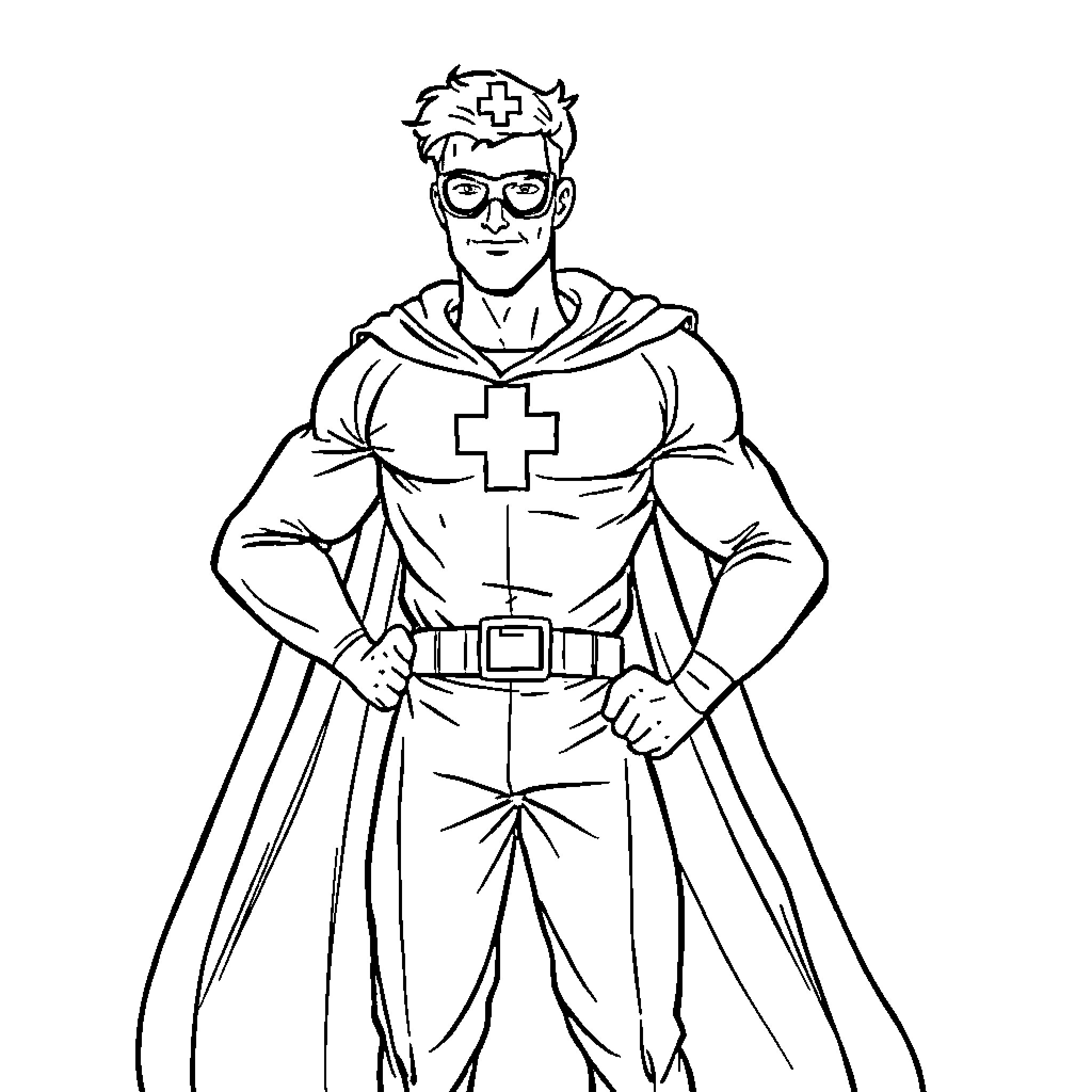 Nurse Superhero in Heroic Uniform Coloring Page (free black-and-white line drawing printable PDF for all, from beginners to advanced learners, including children, teens, adults, and seniors)