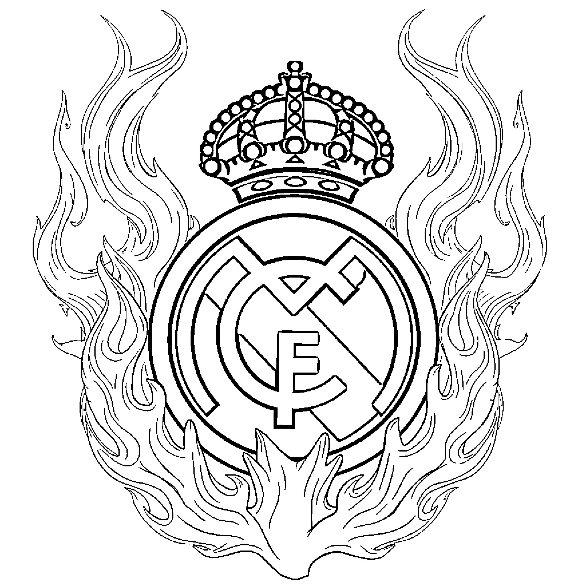 Real Madrid Emblem with Flames and Crown Coloring Page (free black-and-white line drawing printable PDF for all, from beginners to advanced learners, including children, teens, adults, and seniors)