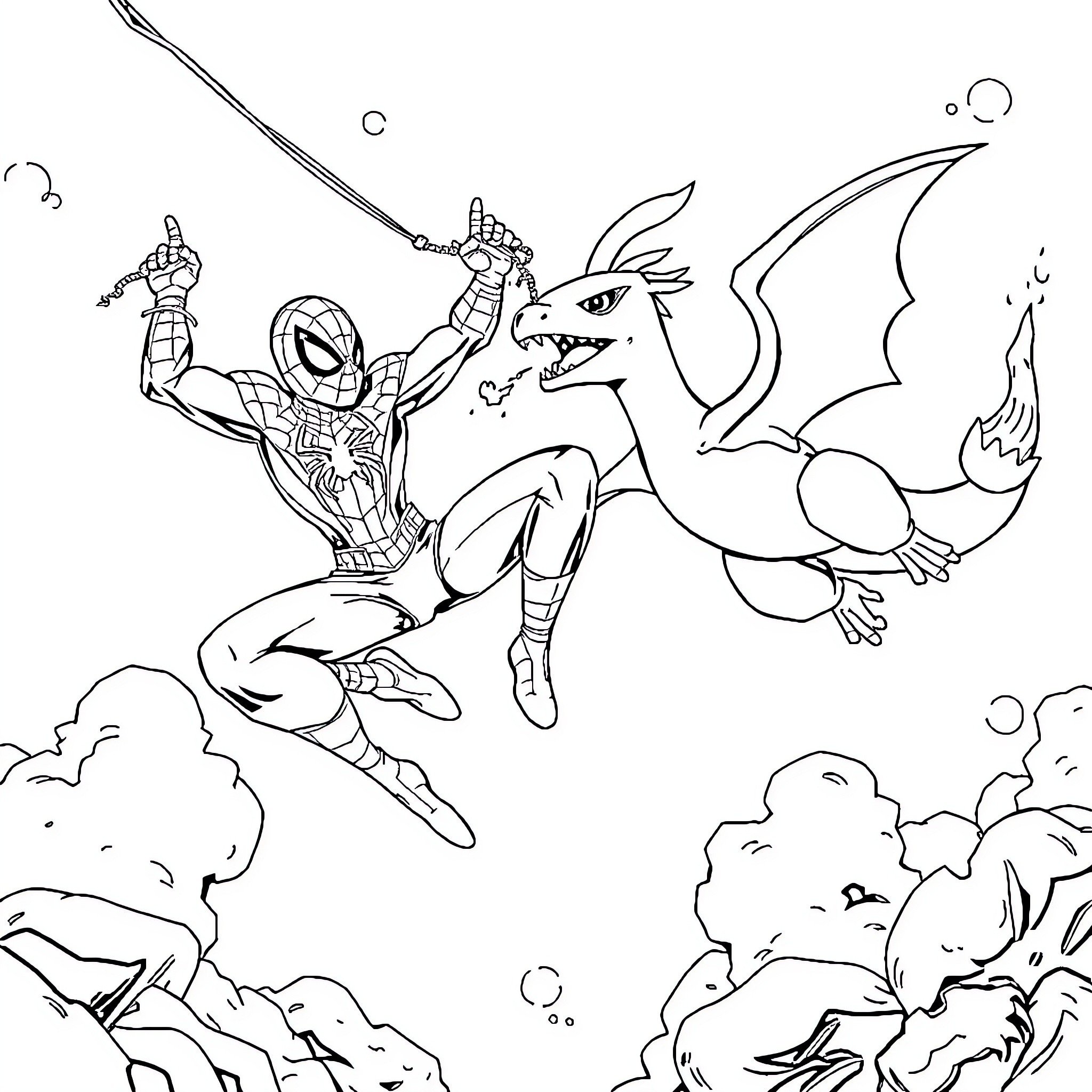 Spiderman battling a dragon in the sky Coloring Page (free black-and-white line drawing printable PDF for all, from beginners to advanced learners, including children, teens, adults, and seniors)
