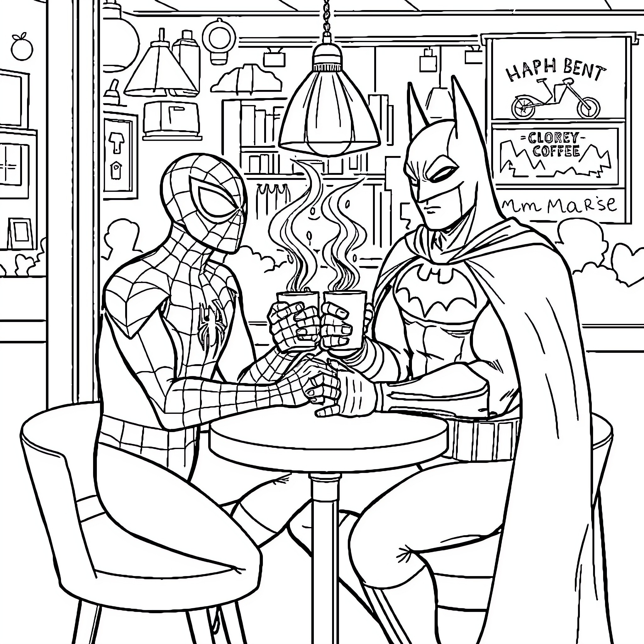 Spiderman and Batman Enjoying Coffee Together Coloring Page (free black-and-white line drawing printable PDF for all, from beginners to advanced learners, including children, teens, adults, and seniors)