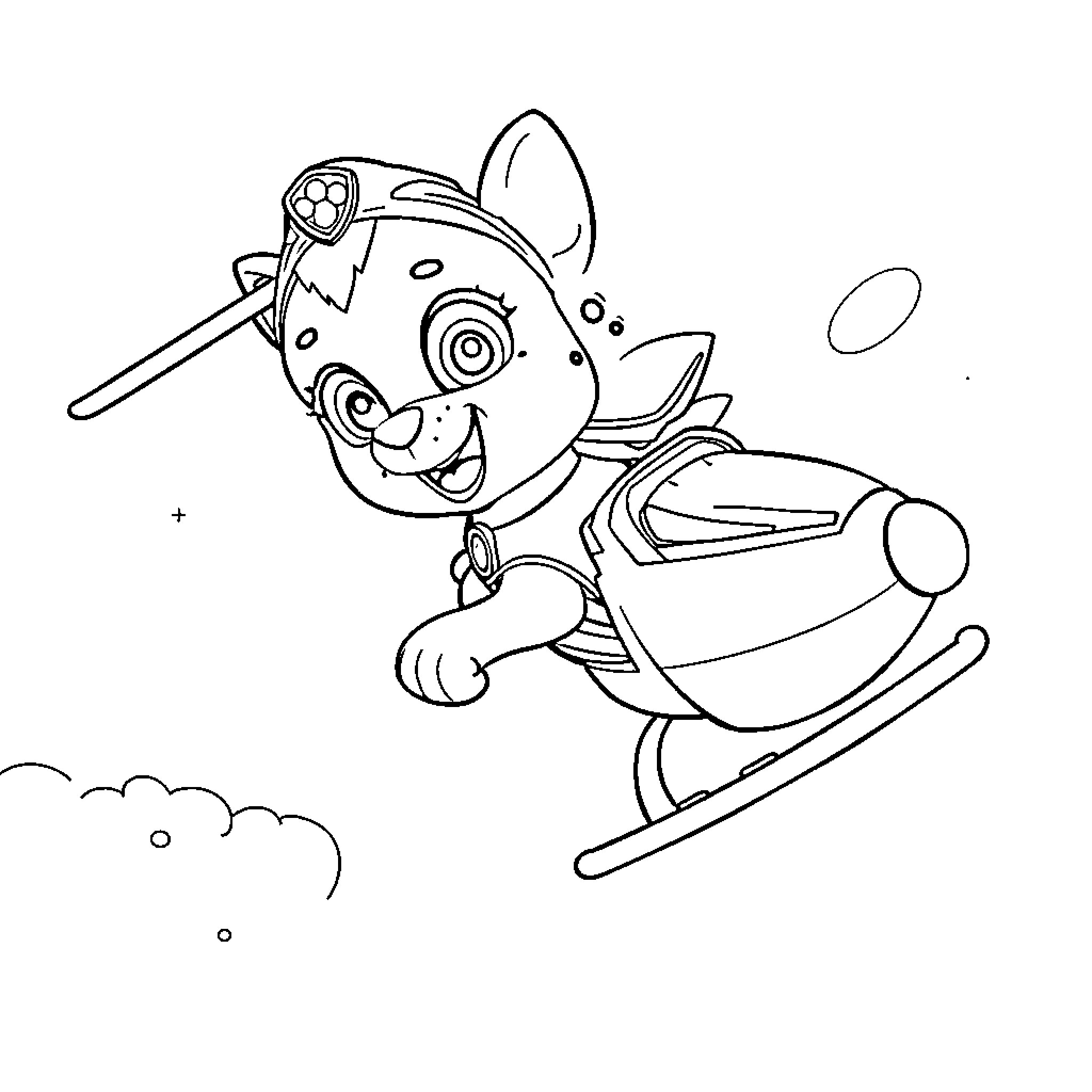 Paw Patrol character riding a snowmobile Coloring Page (free black-and-white line drawing printable PDF for all, from beginners to advanced learners, including children, teens, adults, and seniors)