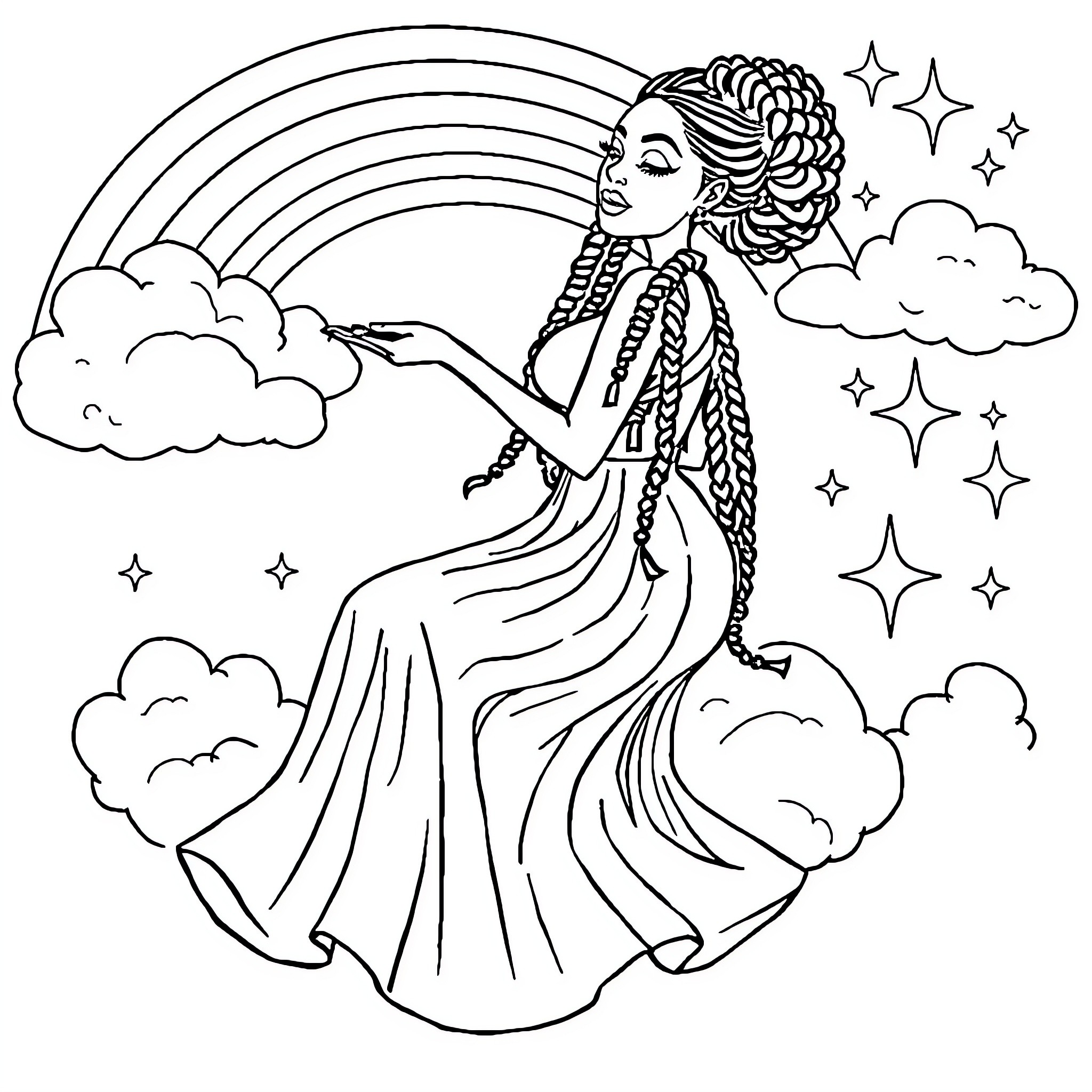 Woman in flowing dress reaching towards rainbow in the sky Coloring Page (free black-and-white line drawing printable PDF for all, from beginners to advanced learners, including children, teens, adults, and seniors)