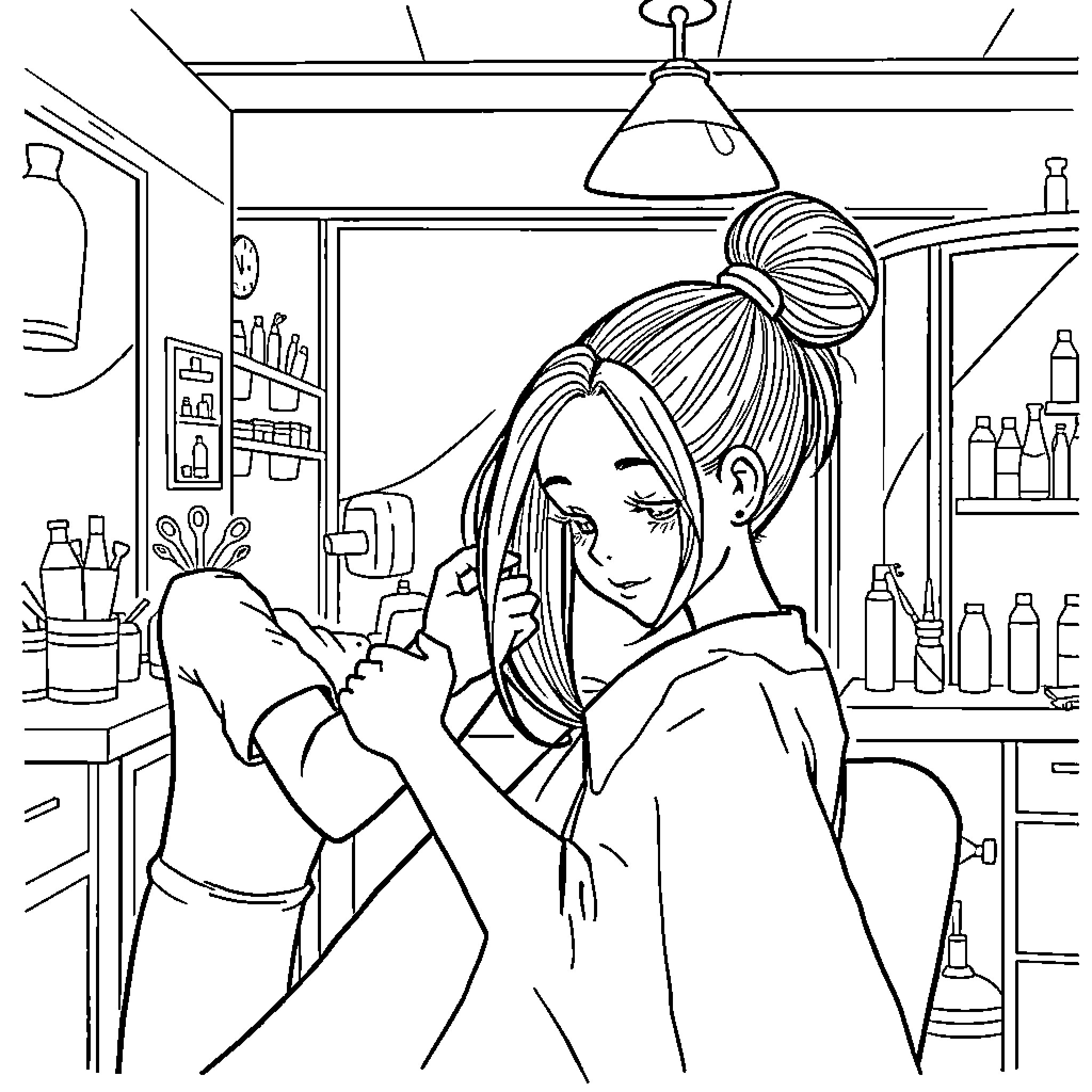Girl working diligently in her beauty salon Coloring Page (free black-and-white line drawing printable PDF for all, from beginners to advanced learners, including children, teens, adults, and seniors)