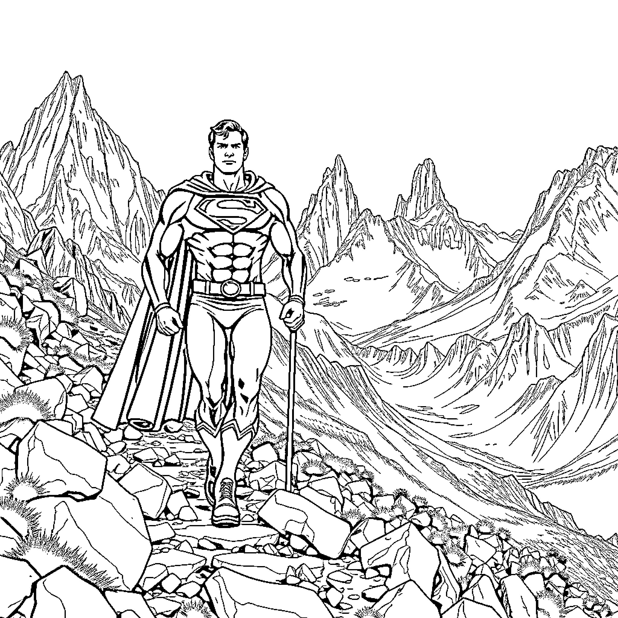 Superman standing heroically in a rugged mountain landscape Coloring Page (free black-and-white line drawing printable PDF for all, from beginners to advanced learners, including children, teens, adults, and seniors)