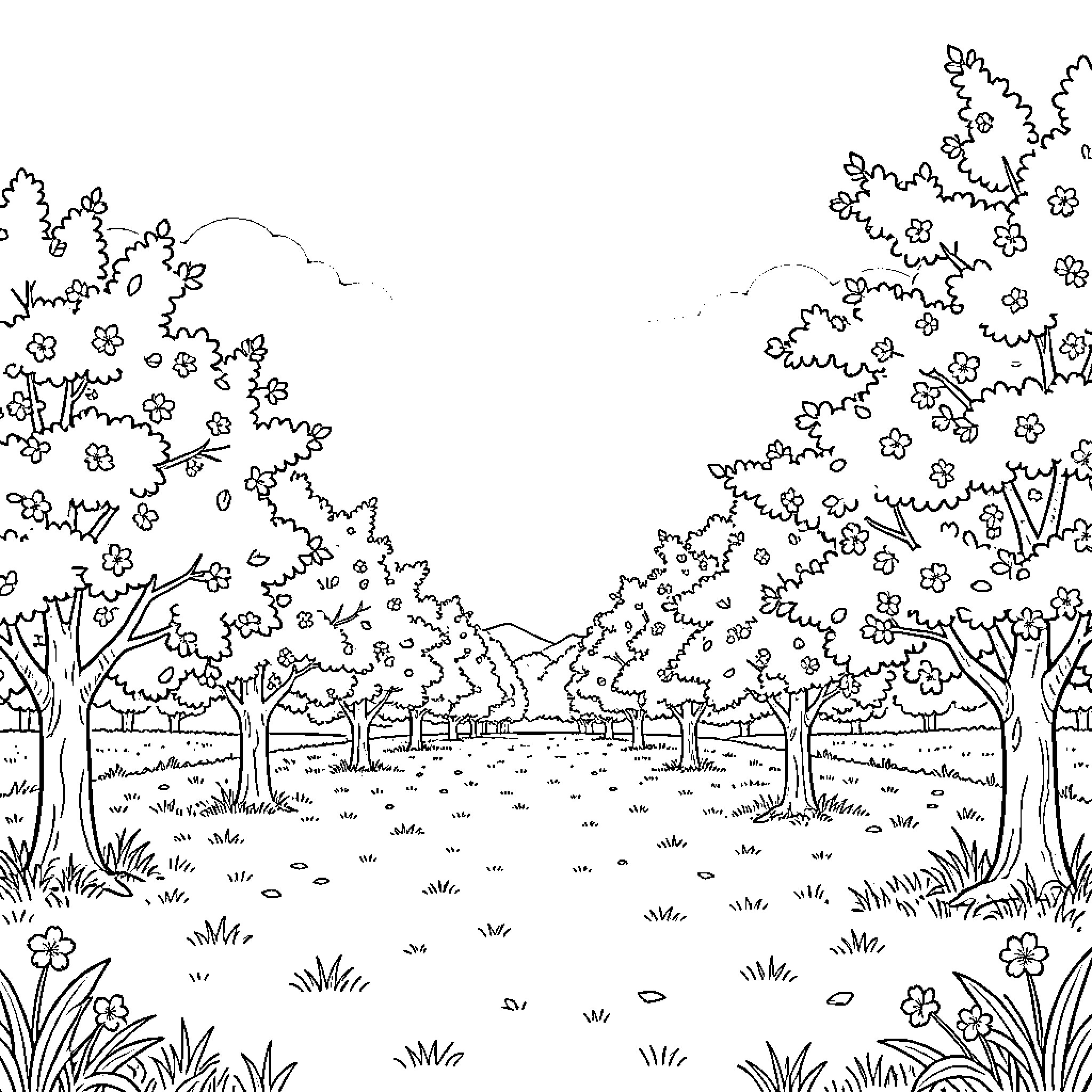Sakura Blooming Landscape Coloring Page (free black-and-white line drawing printable PDF for all, from beginners to advanced learners, including children, teens, adults, and seniors)