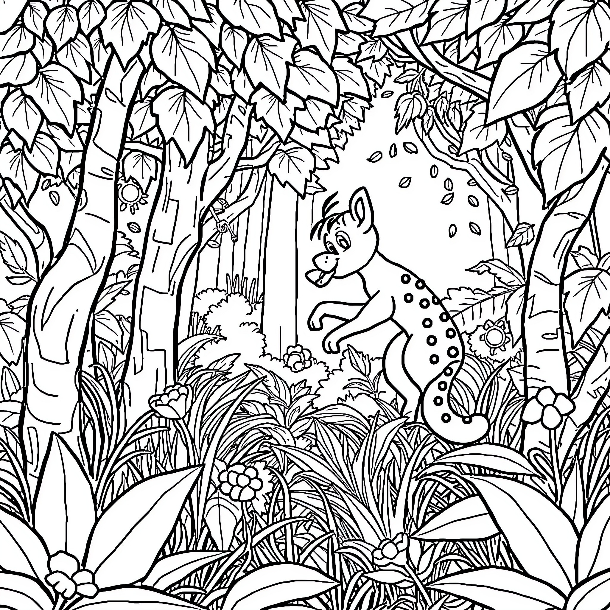 Karnimani - Animal in the Jungle Coloring Page (free black-and-white line drawing printable PDF for all, from beginners to advanced learners, including children, teens, adults, and seniors)