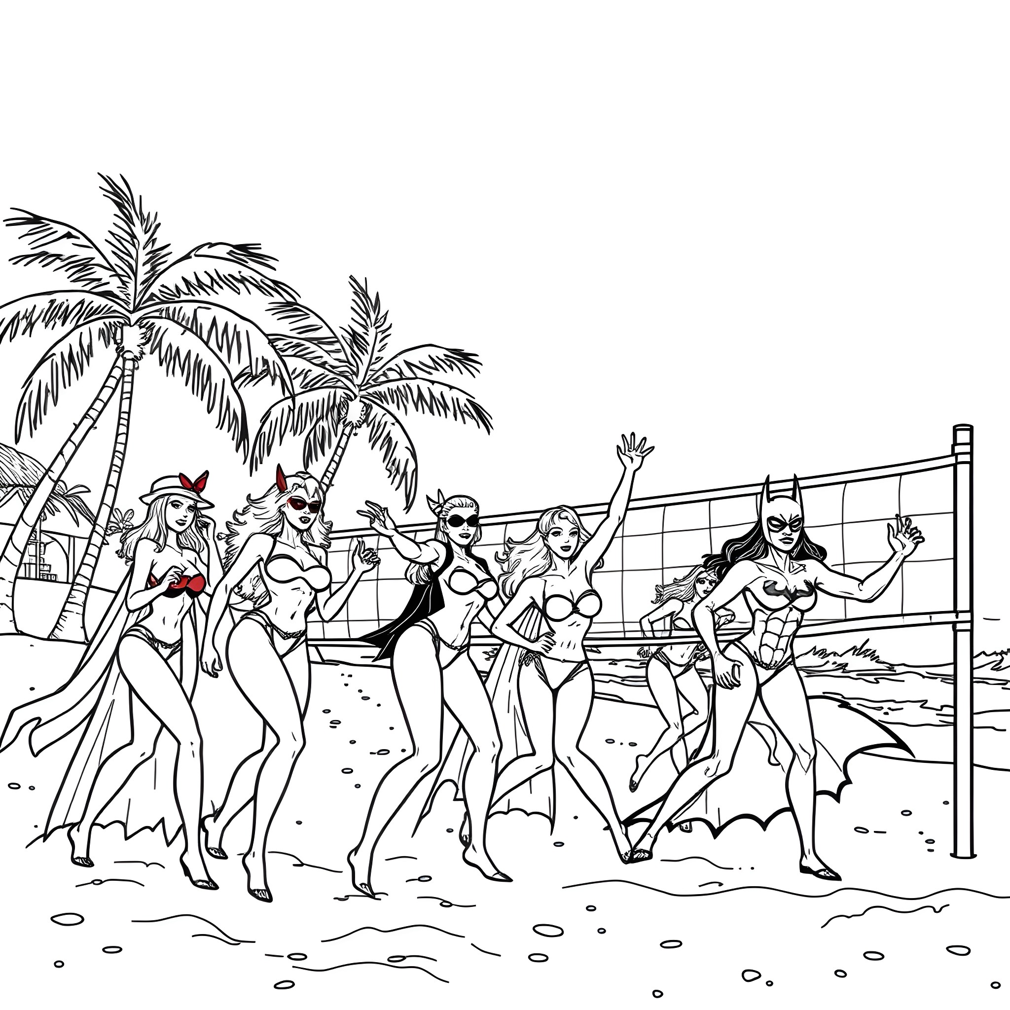 Batman Villain beach volleyball tournament Coloring Page (free black-and-white line drawing printable PDF for all, from beginners to advanced learners, including children, teens, adults, and seniors)