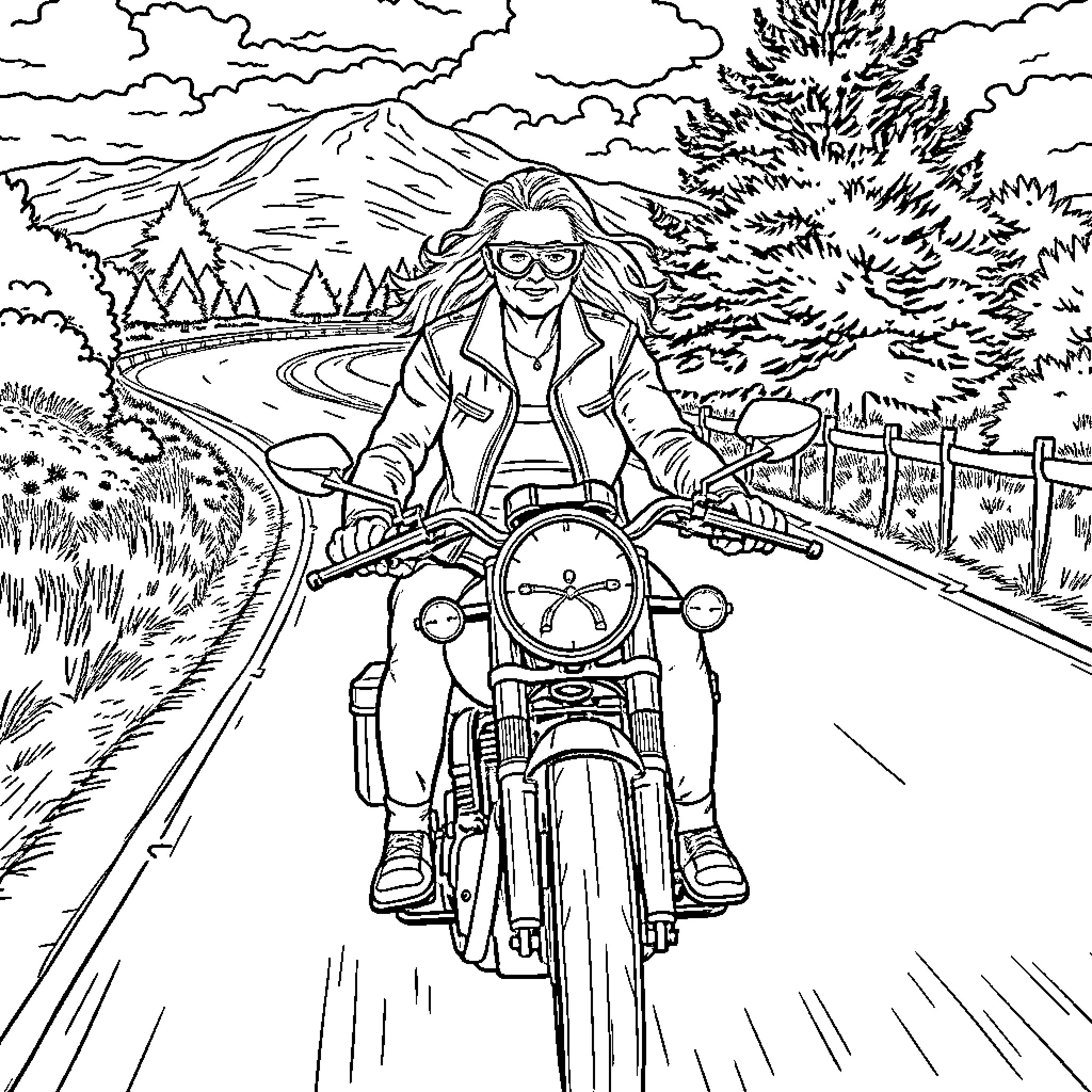Woman riding motorcycle on winding mountain road Coloring Page (free black-and-white line drawing printable PDF for all, from beginners to advanced learners, including children, teens, adults, and seniors)