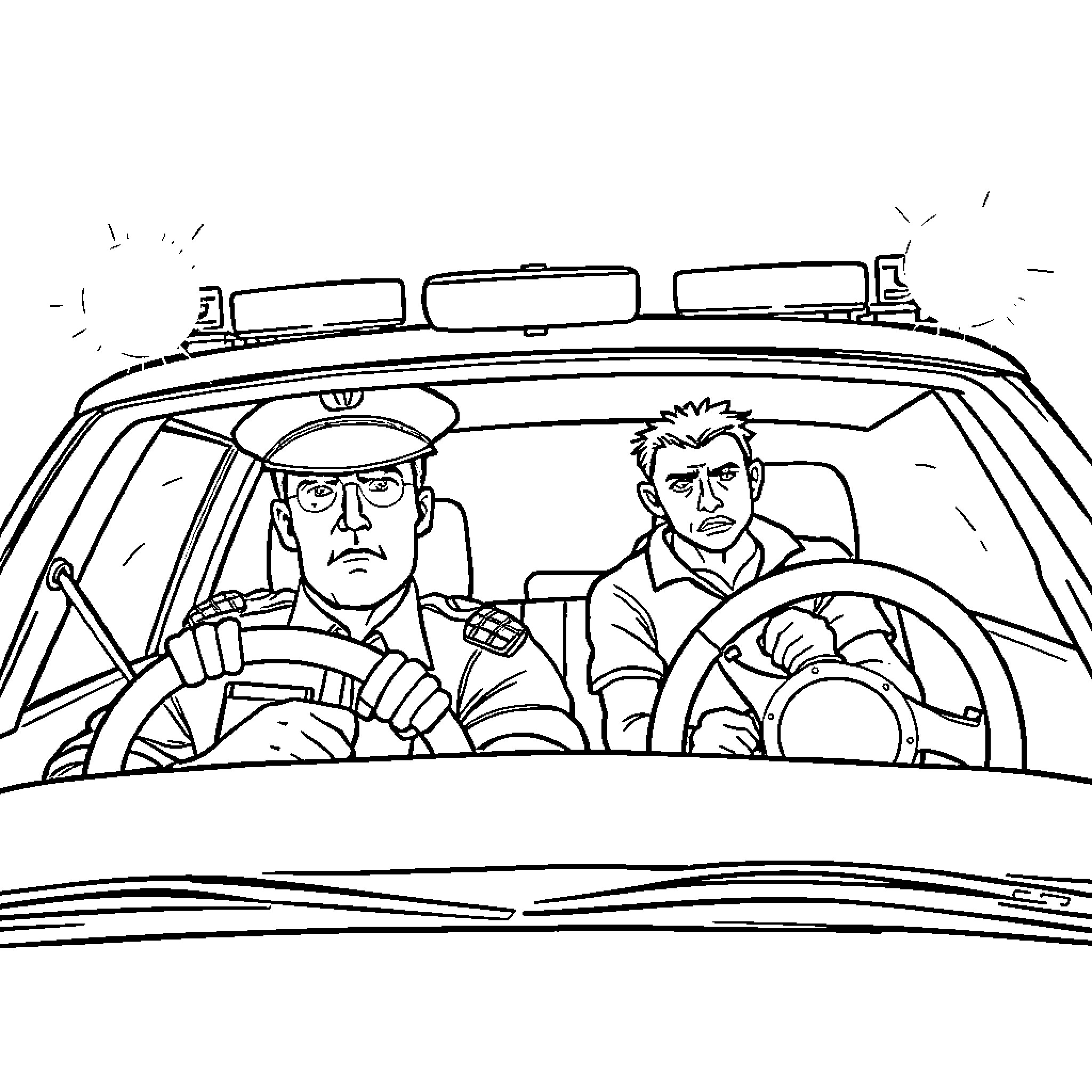 Cop pursuing a suspect in a high-speed chase Coloring Page (free black-and-white line drawing printable PDF for all, from beginners to advanced learners, including children, teens, adults, and seniors)