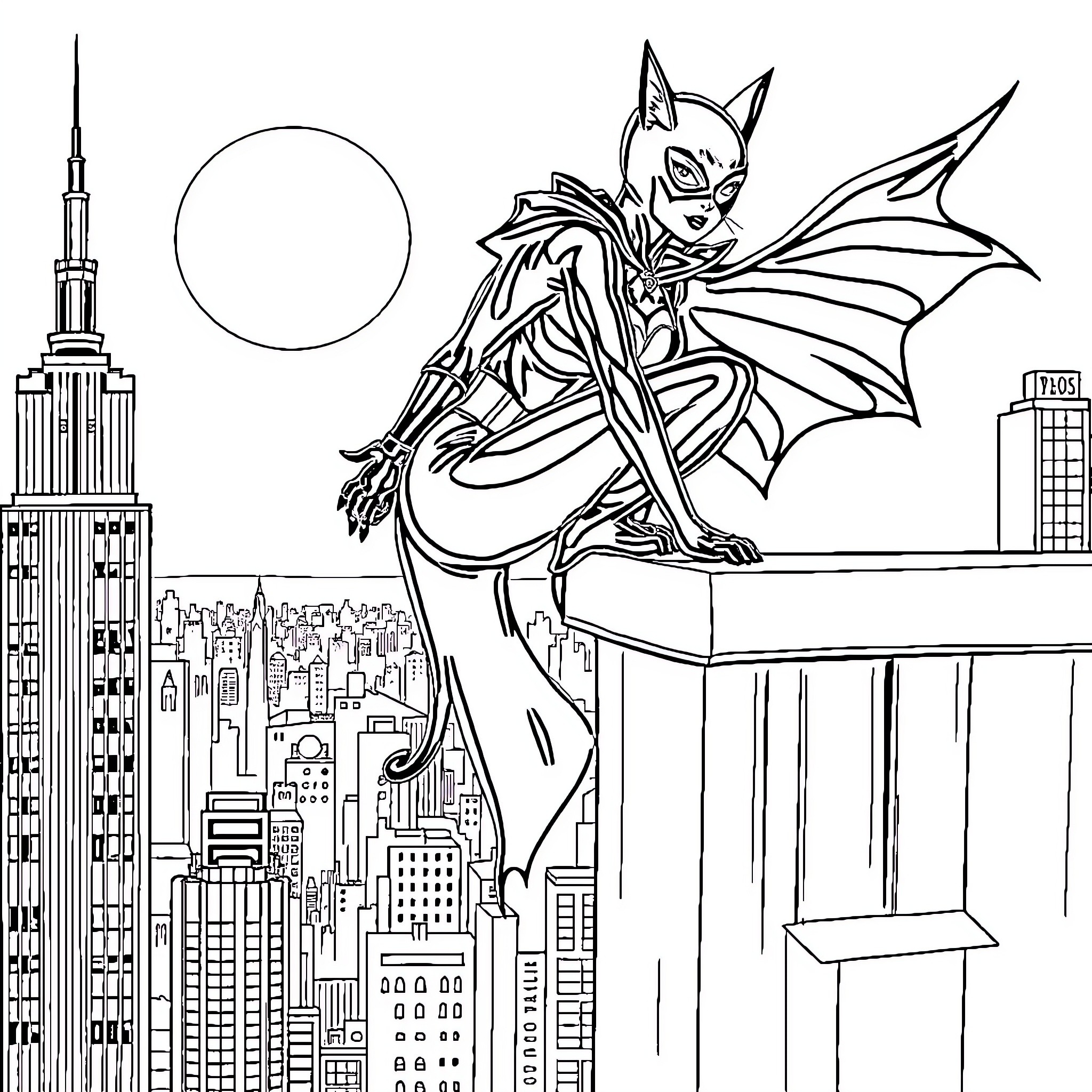 Catwoman surveying the city skyline Coloring Page (free black-and-white line drawing printable PDF for all, from beginners to advanced learners, including children, teens, adults, and seniors)