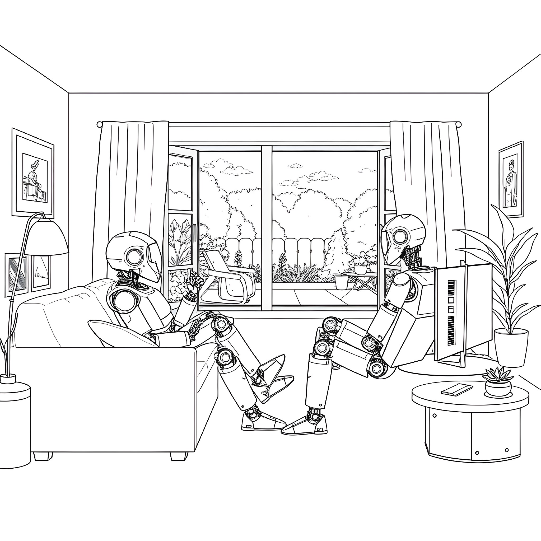 Robot companions enjoying cozy indoor scene Coloring Page (free black-and-white line drawing printable PDF for all, from beginners to advanced learners, including children, teens, adults, and seniors)