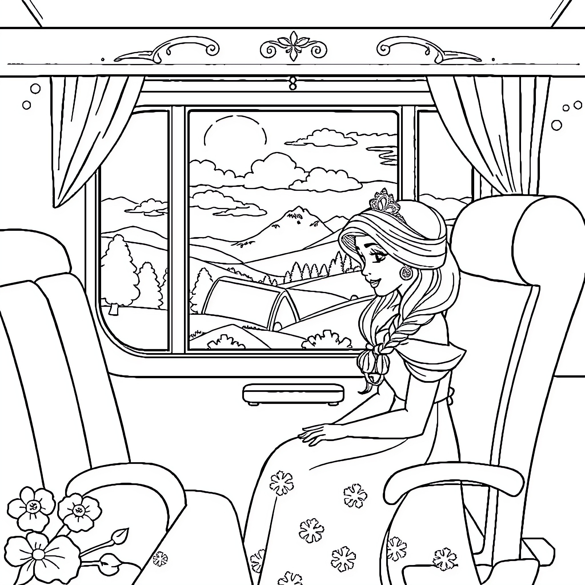 Queen Admiring the Scenic Landscape Through the Window Coloring Page (free black-and-white line drawing printable PDF for all, from beginners to advanced learners, including children, teens, adults, and seniors)