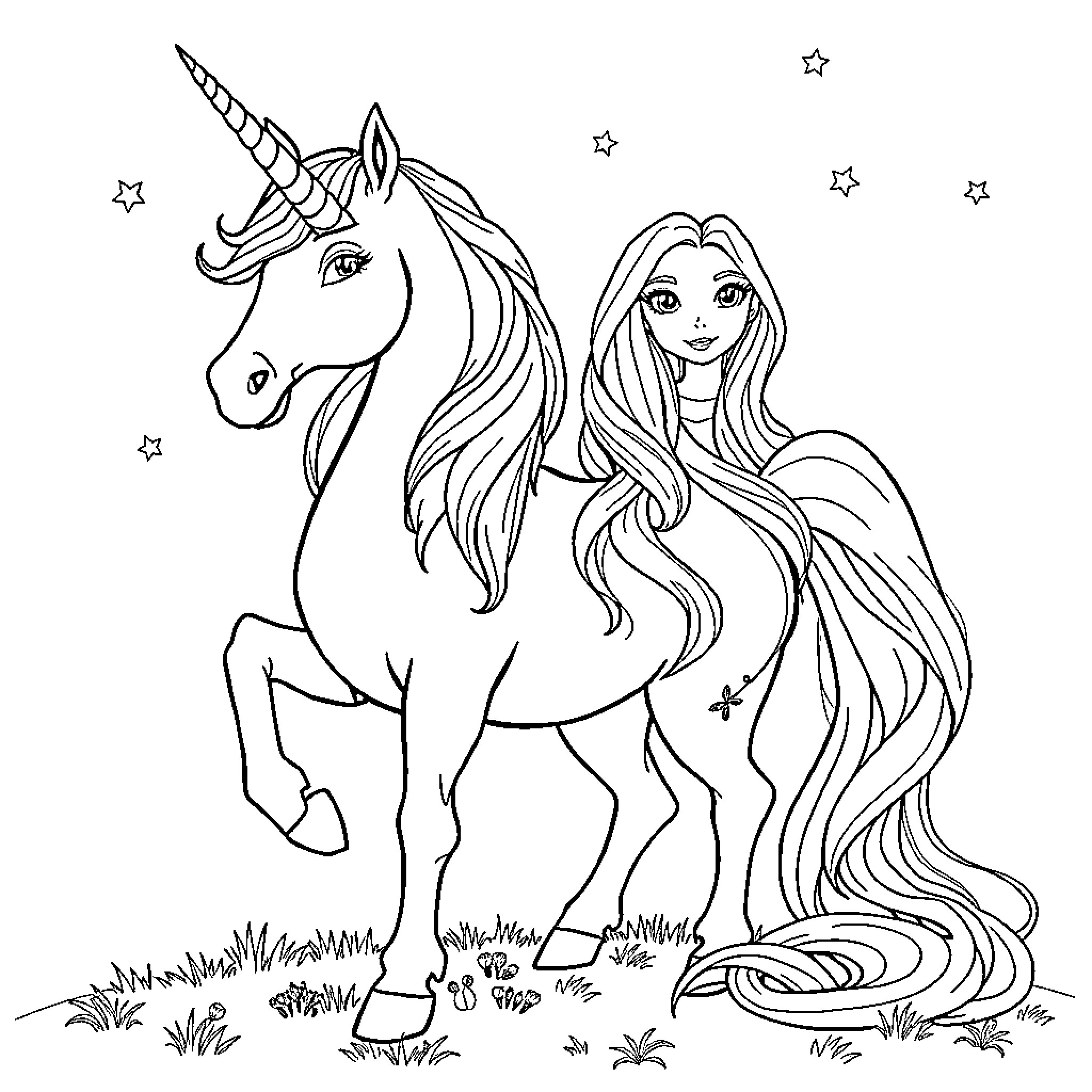 Unicorn and a young girl in a magical meadow Coloring Page (free black-and-white line drawing printable PDF for all, from beginners to advanced learners, including children, teens, adults, and seniors)