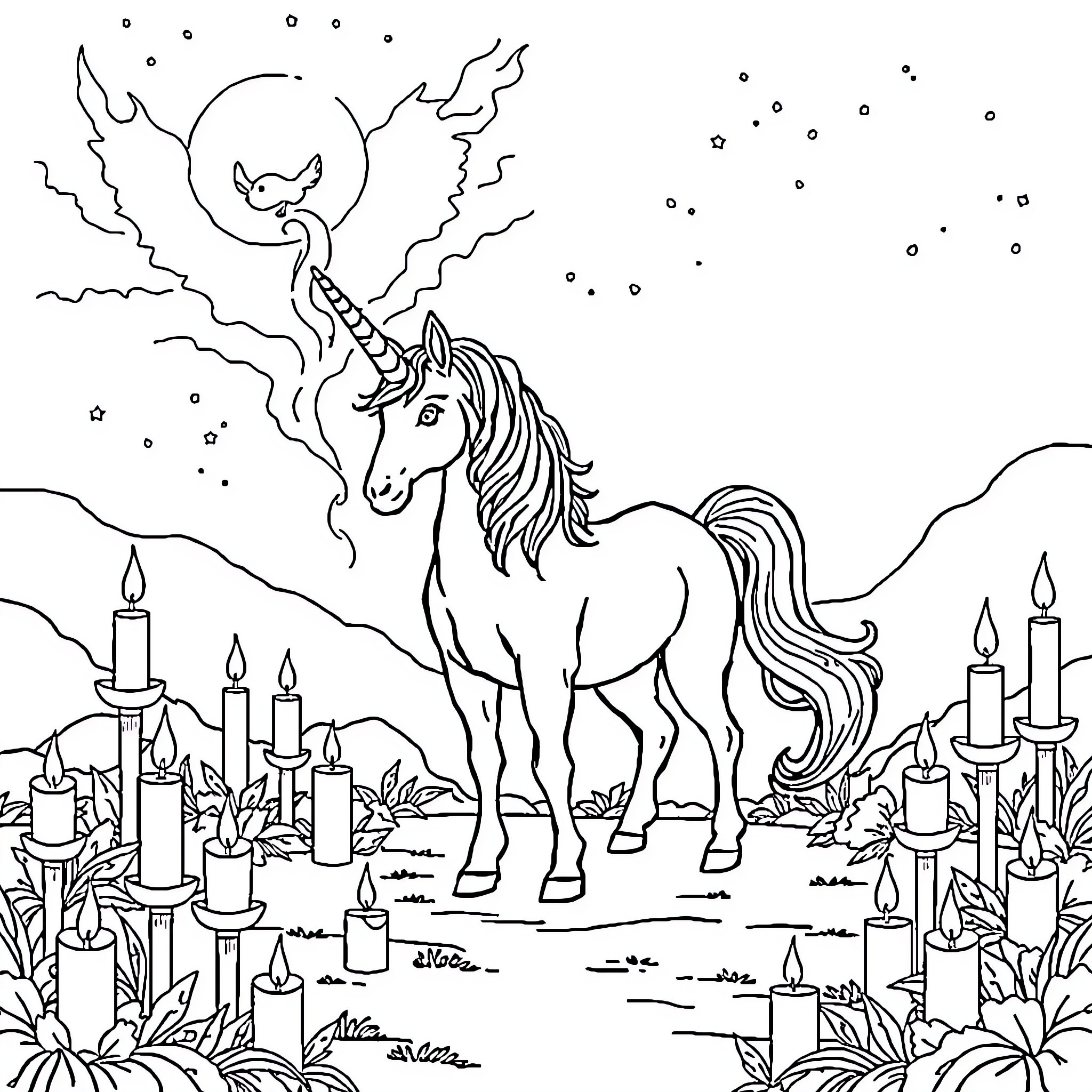 Unicorn gazing at the night sky with candles Coloring Page (free black-and-white line drawing printable PDF for all, from beginners to advanced learners, including children, teens, adults, and seniors)