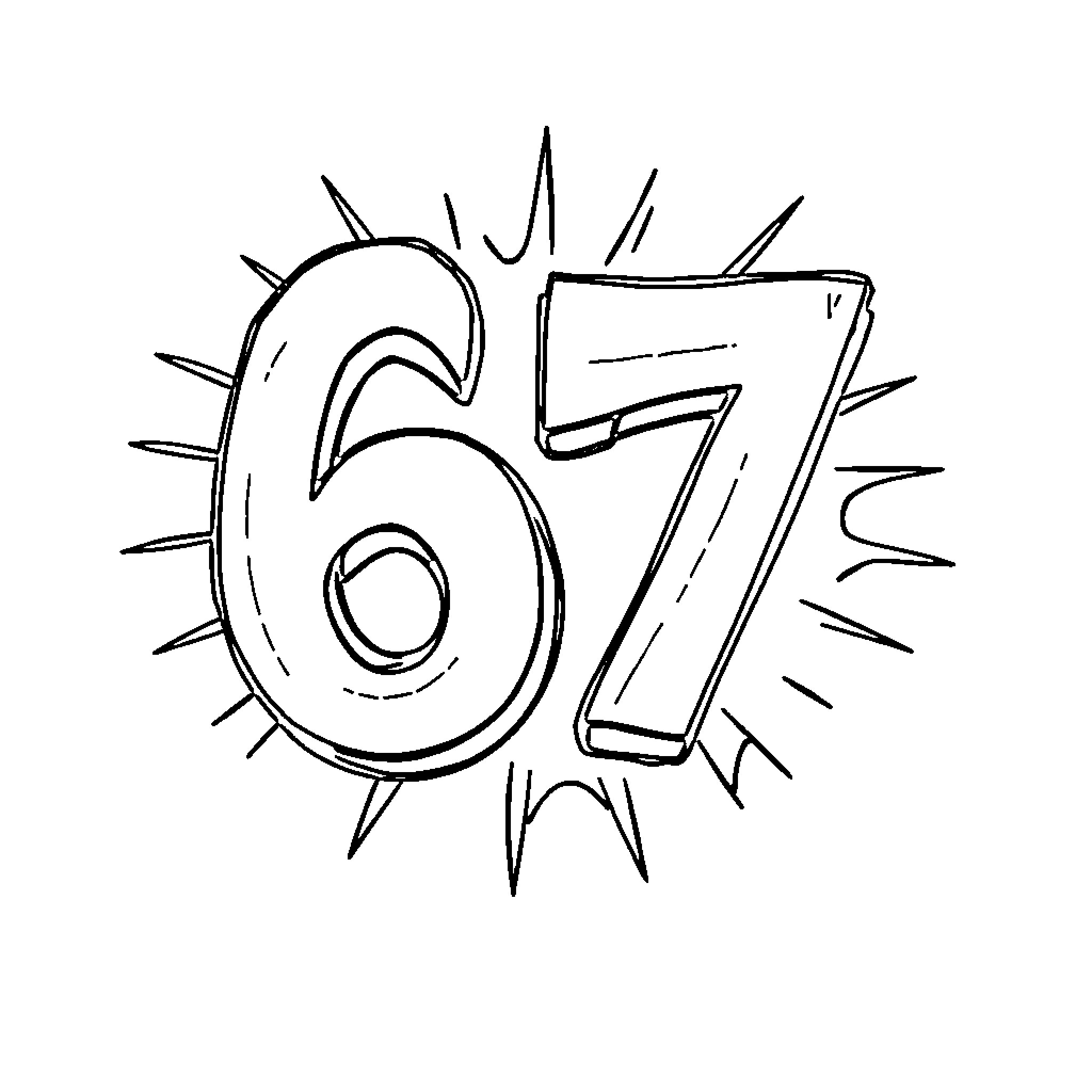 Number 67 Bold Illustration Coloring Page (free black-and-white line drawing printable PDF for all, from beginners to advanced learners, including children, teens, adults, and seniors)